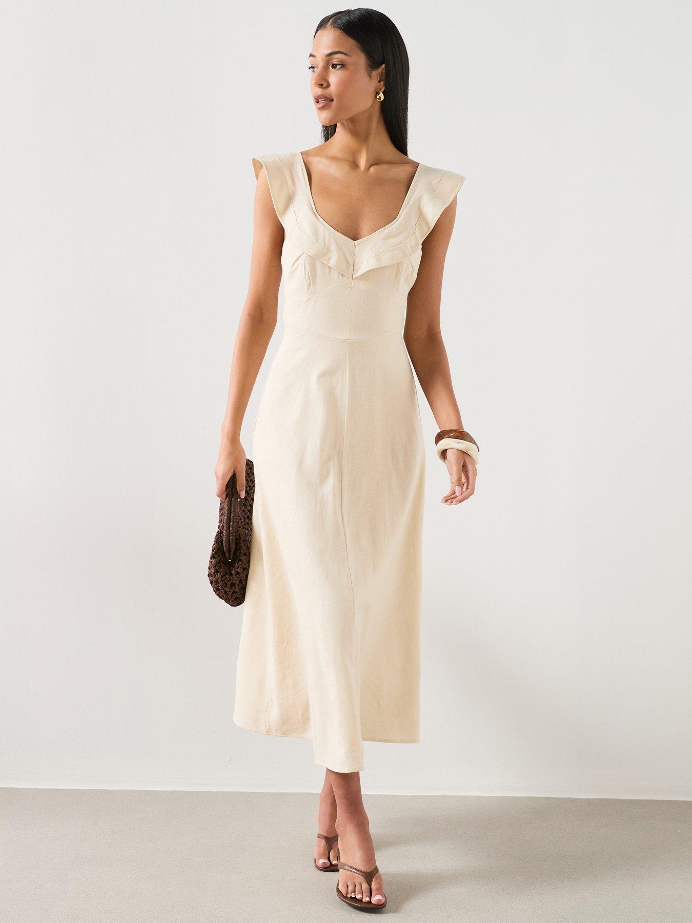 Image 1 of 6 of Mango Ruffled Linen Dress - Sand