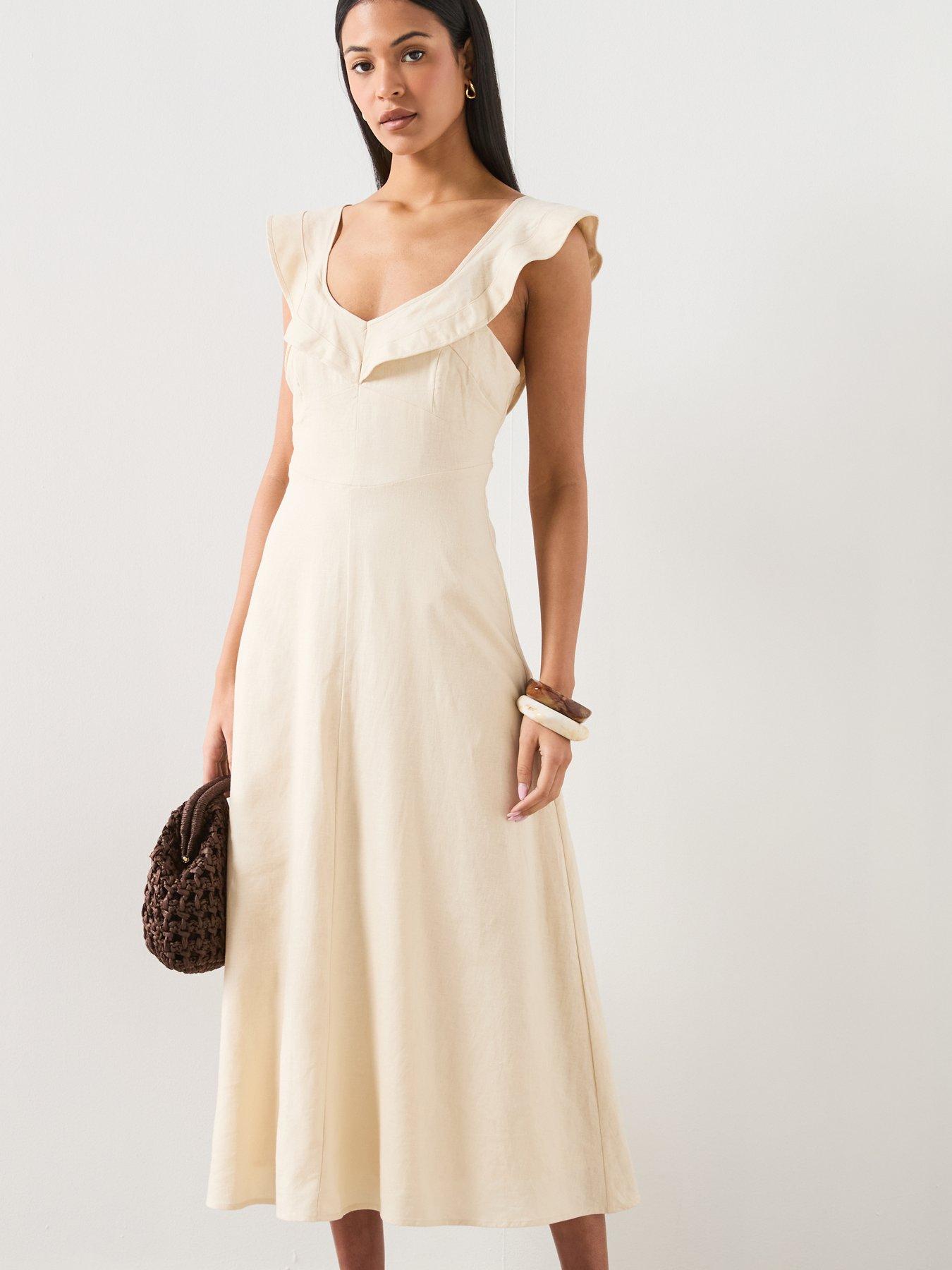 Image 3 of 6 of Mango Ruffled Linen Dress - Sand