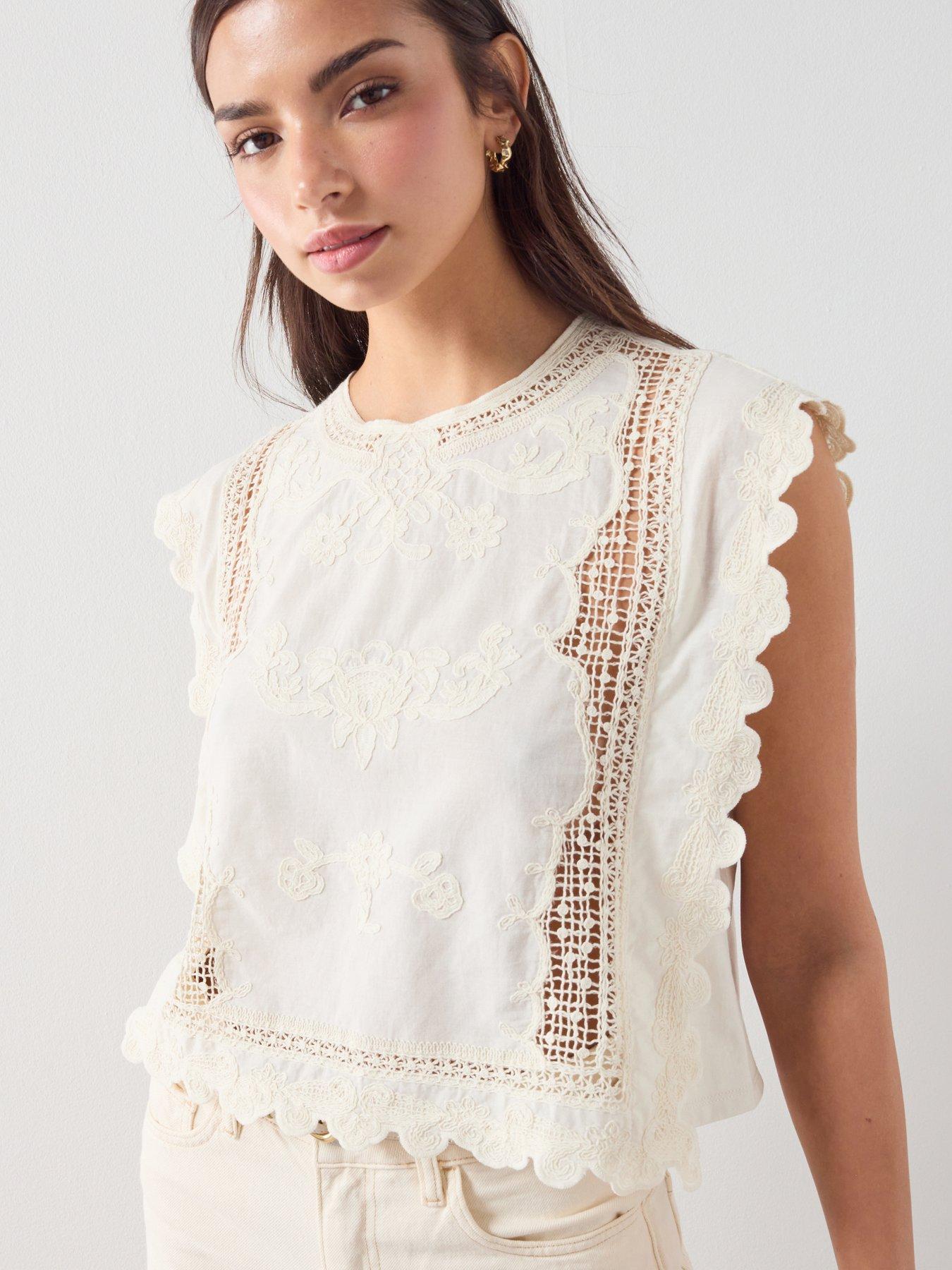 Mango Cotton Top With Embroidered Details, White, Size S, Women
