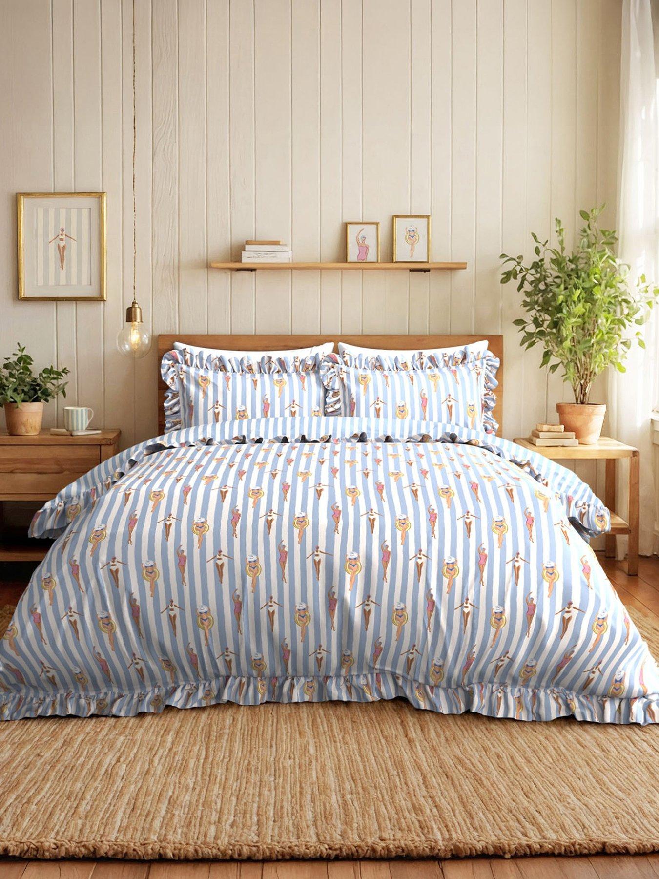 Image 1 of 3 of CHELSEA PEERS Swimming Society Stripe Print Reversible Frill 10% Cotton Duvet Set - Blue