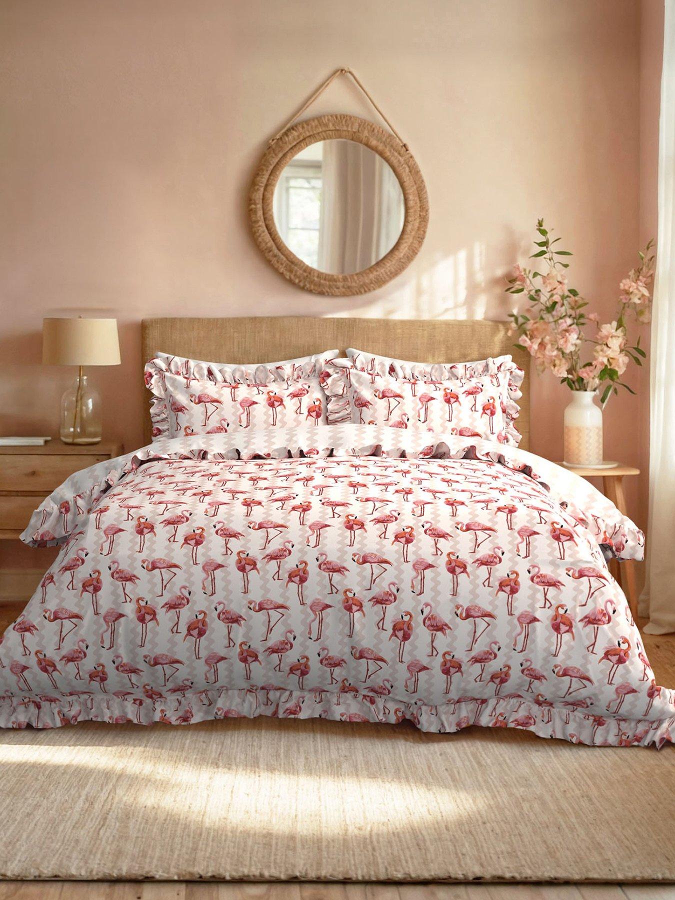 CHELSEA PEERS Flamingo Stripe Print Reversible Frill 100% Cotton Duvet Set - White