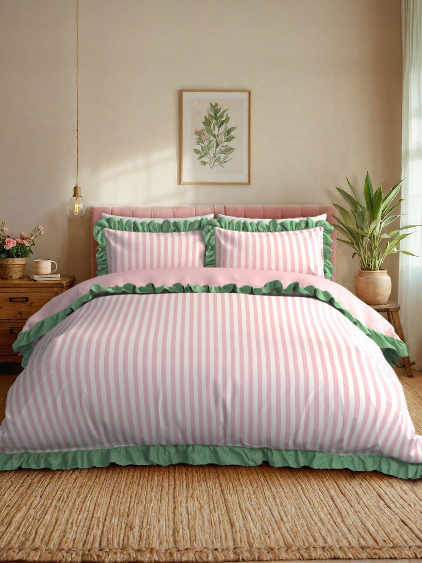 CHELSEA PEERS Stipe Reversible Frill 100% Cotton Duvet Set - Pink & White