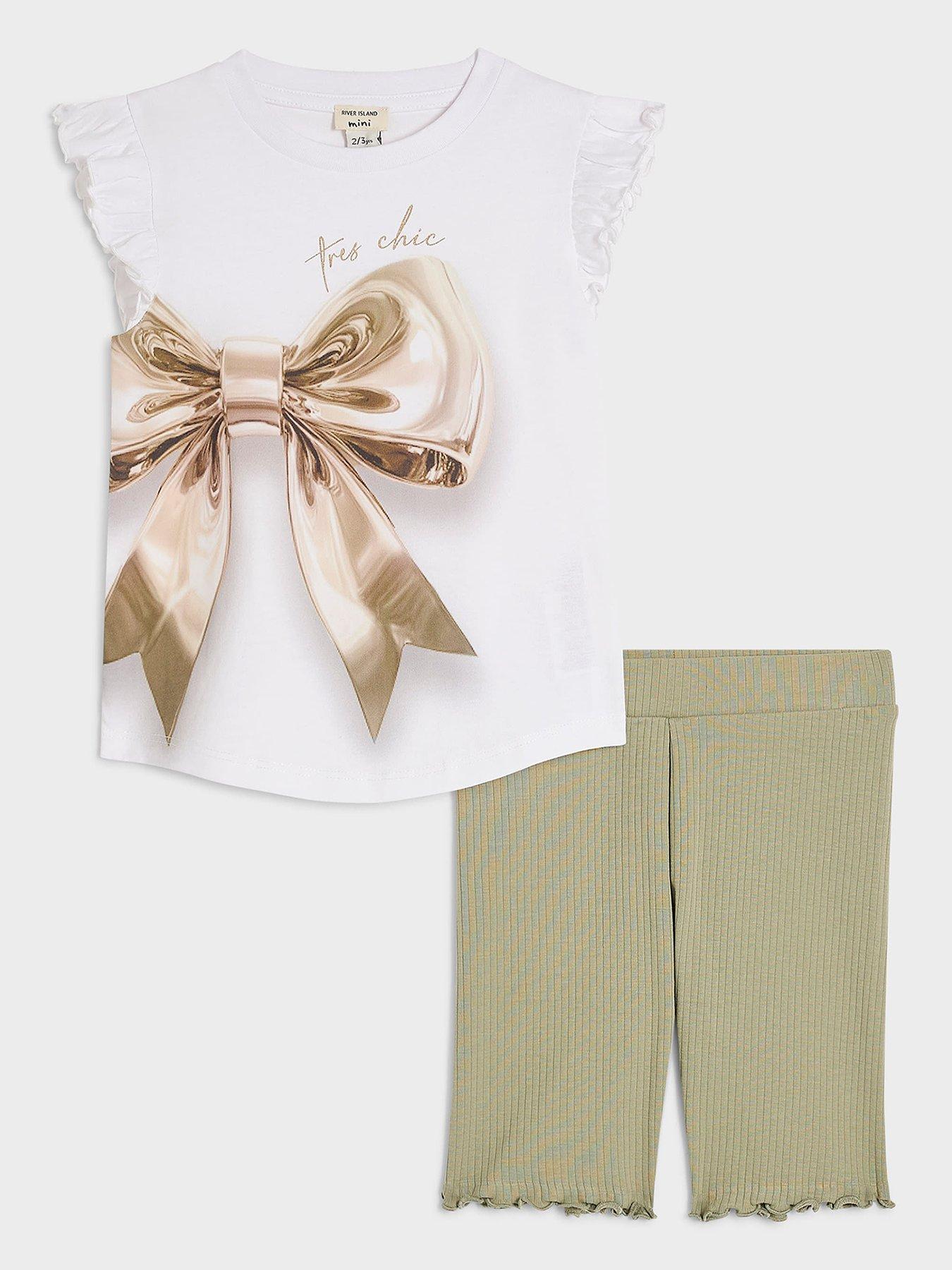 River Island Mini Girls Bow Tres Chic Graphic T-Shirt Set - White