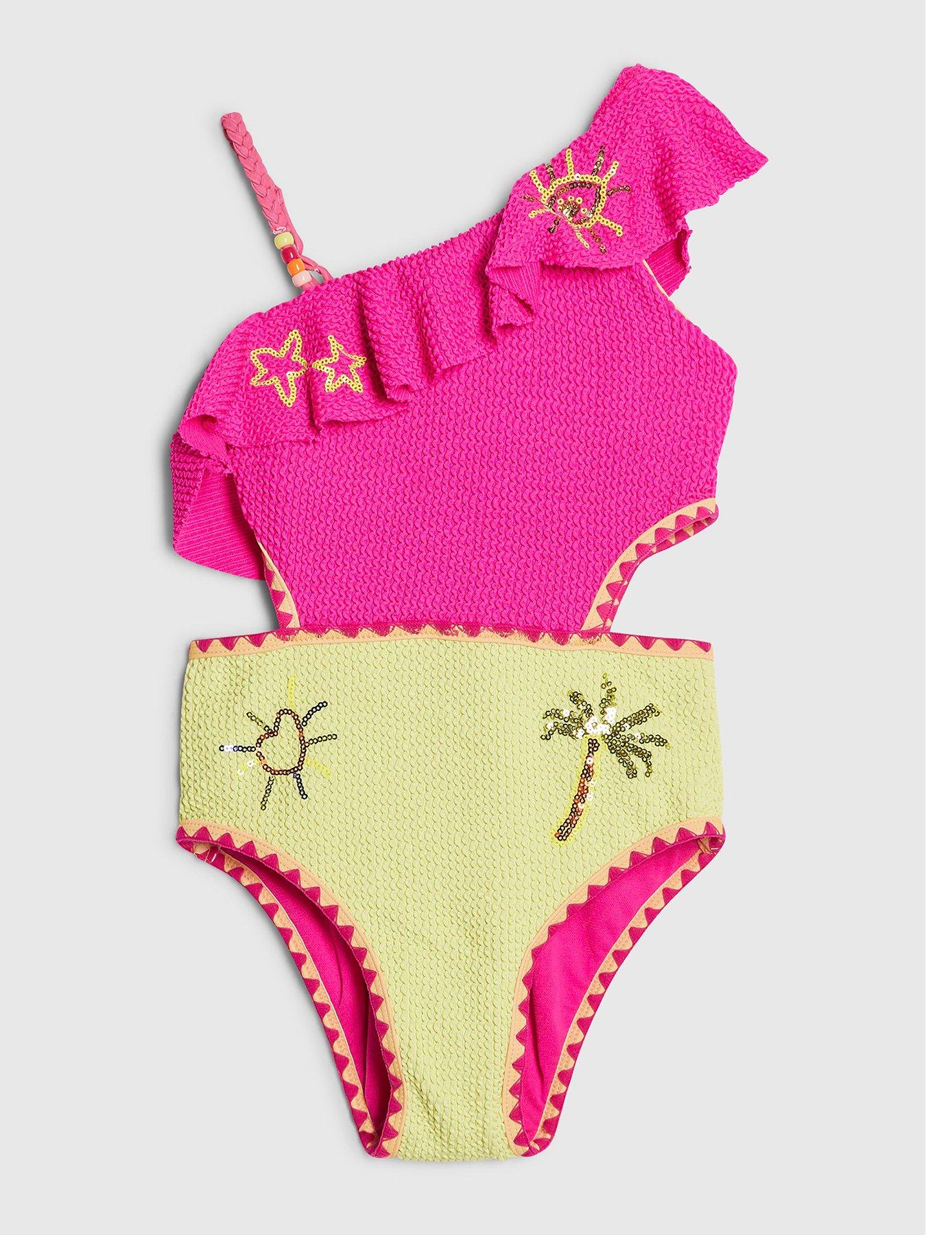 River Island Older Girls Frilled Textured Embellished Swimsuit - Pink