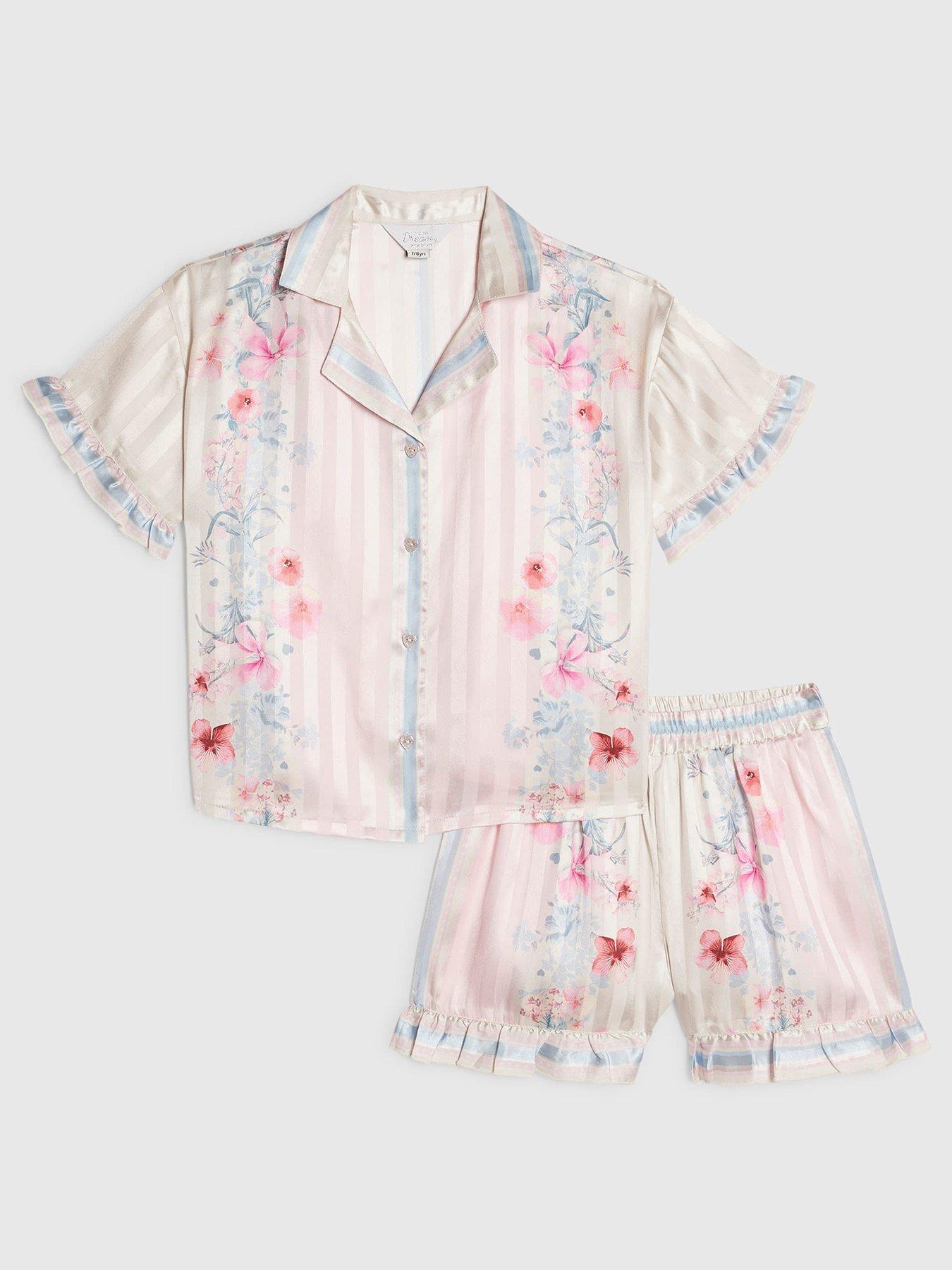 River Island Older Girls Floral Border Satin Stripe Pyjamas - Pink