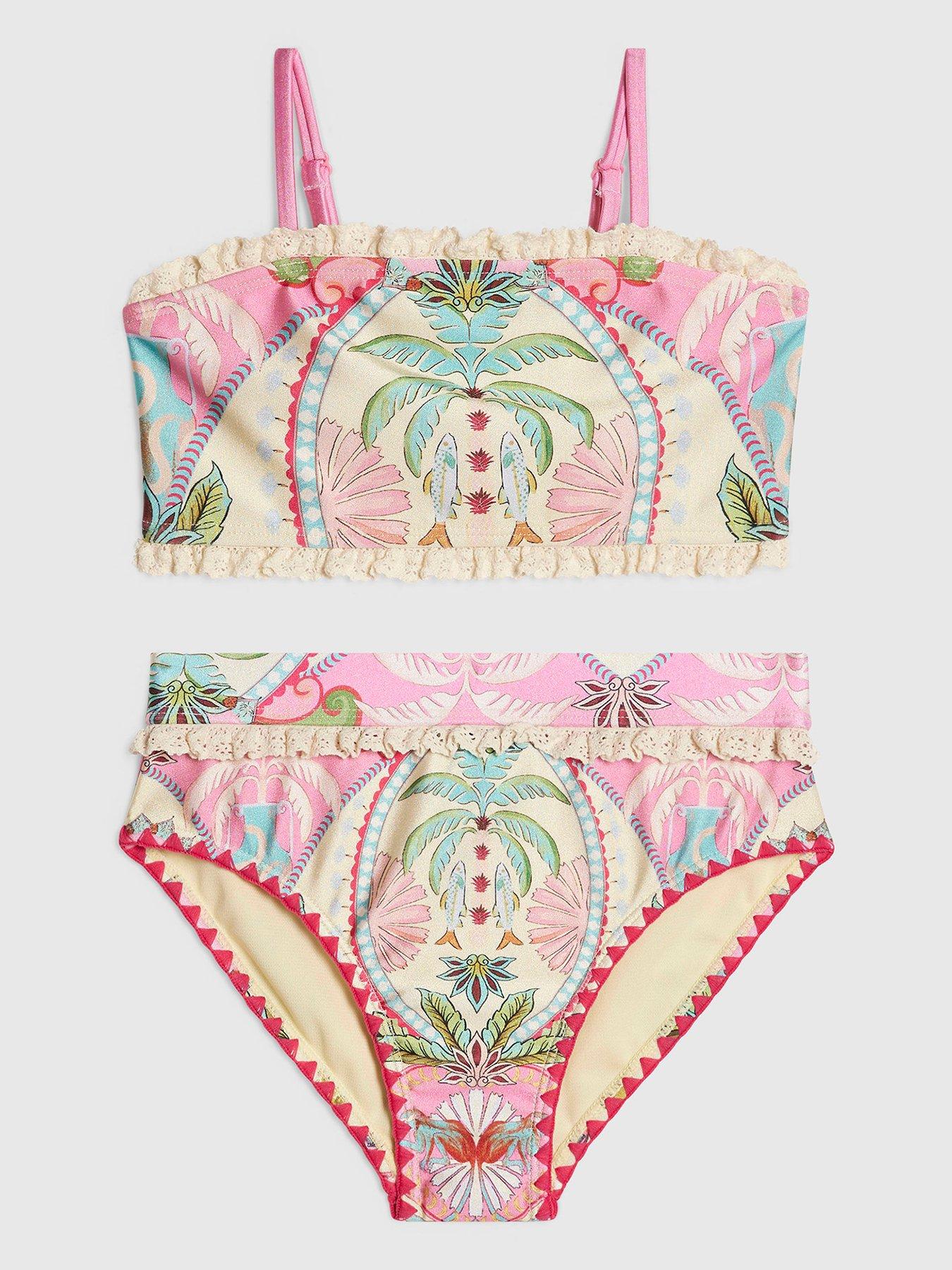 River Island Older Girls Palm Tree Frill Bikini Set - Pink