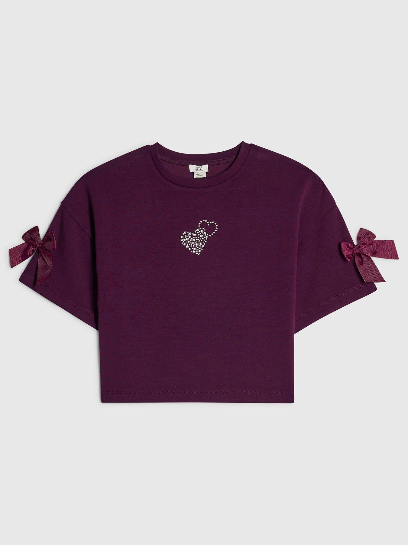 Image 1 of 3 of River Island Older Girls Premium Bow T-Shirt - Dark Purple