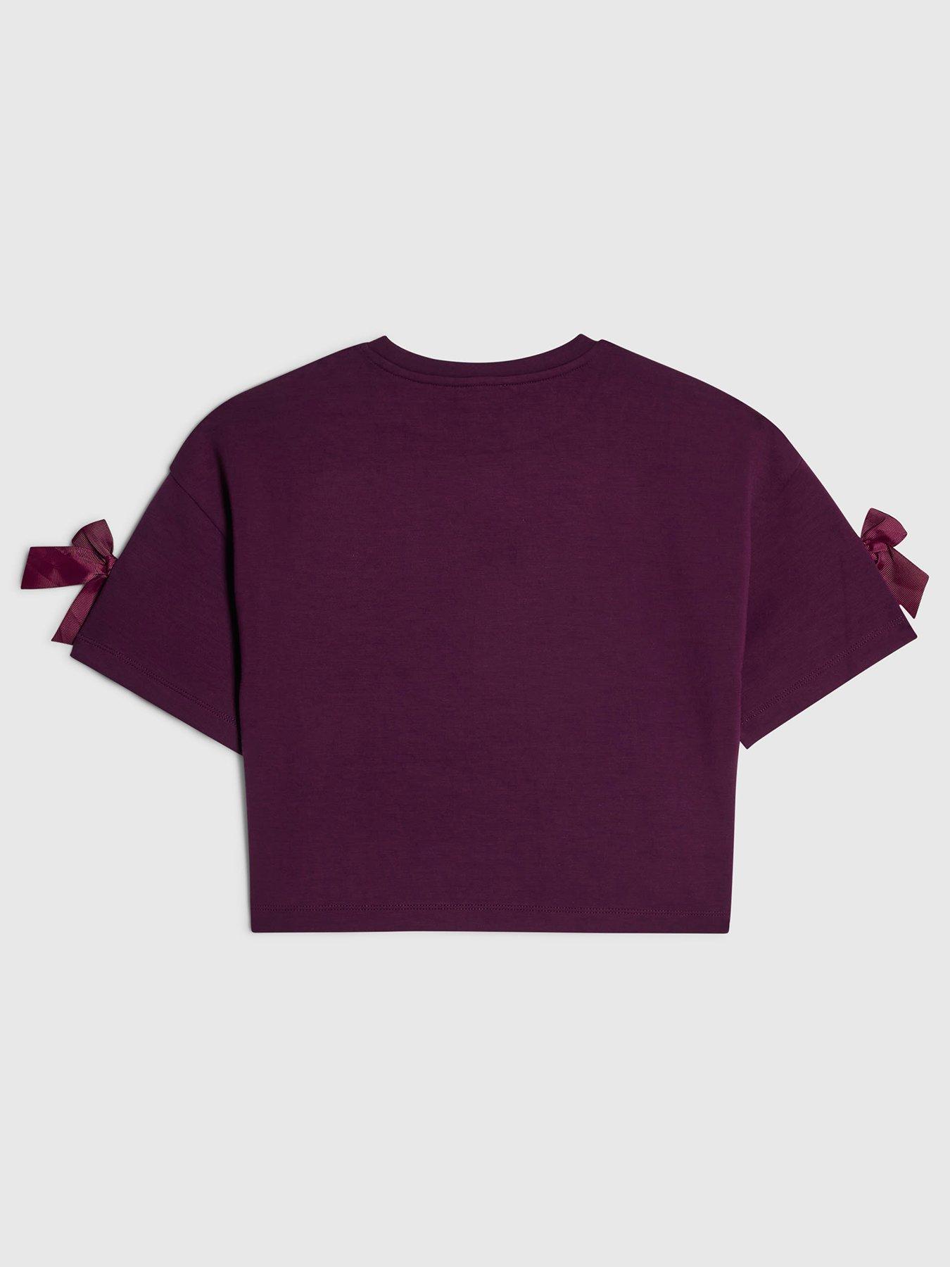 Image 2 of 3 of River Island Older Girls Premium Bow T-Shirt - Dark Purple