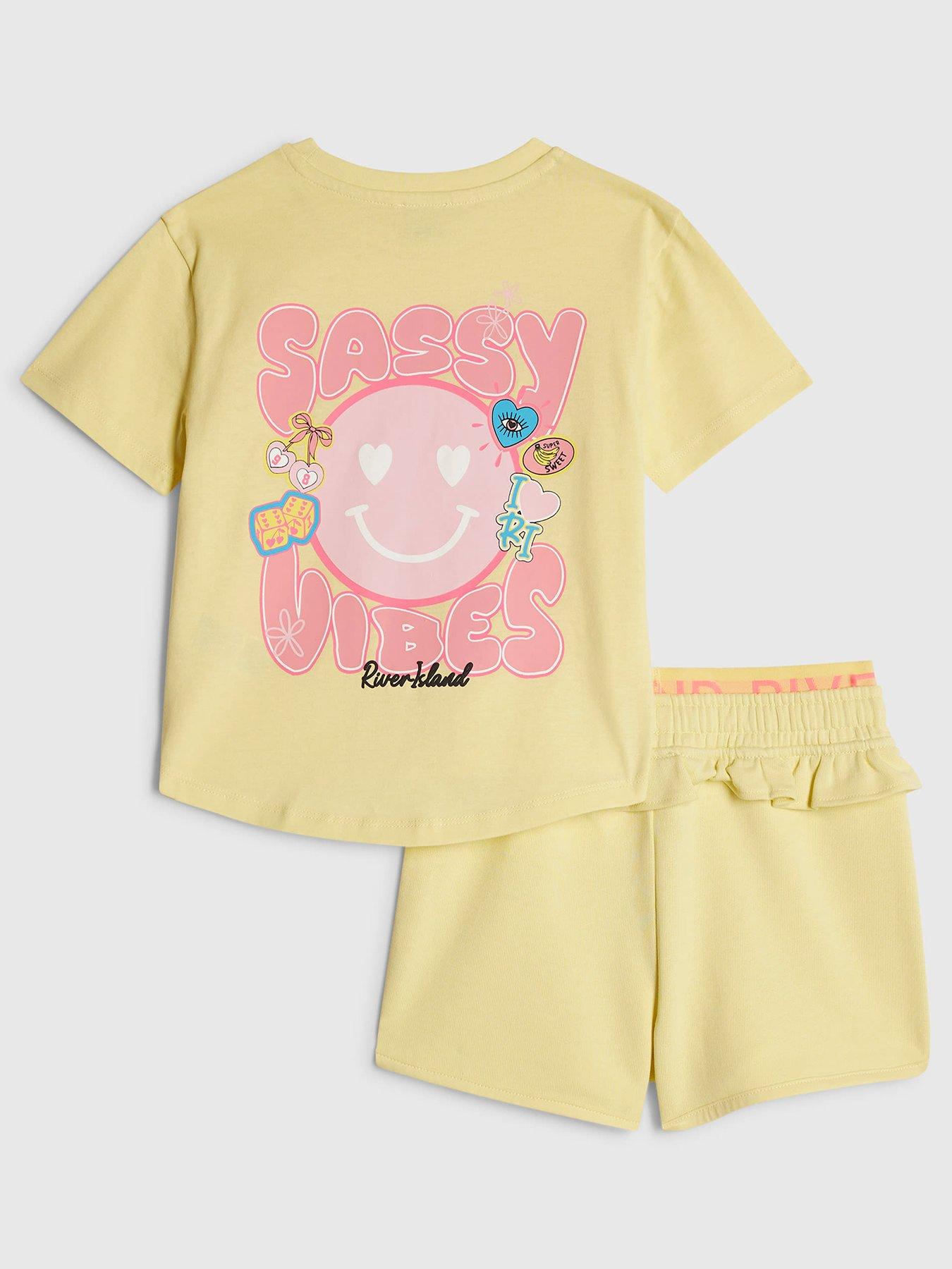 Image 2 of 5 of River Island Mini Girls Sassy Vibes Shorts Set - Yellow