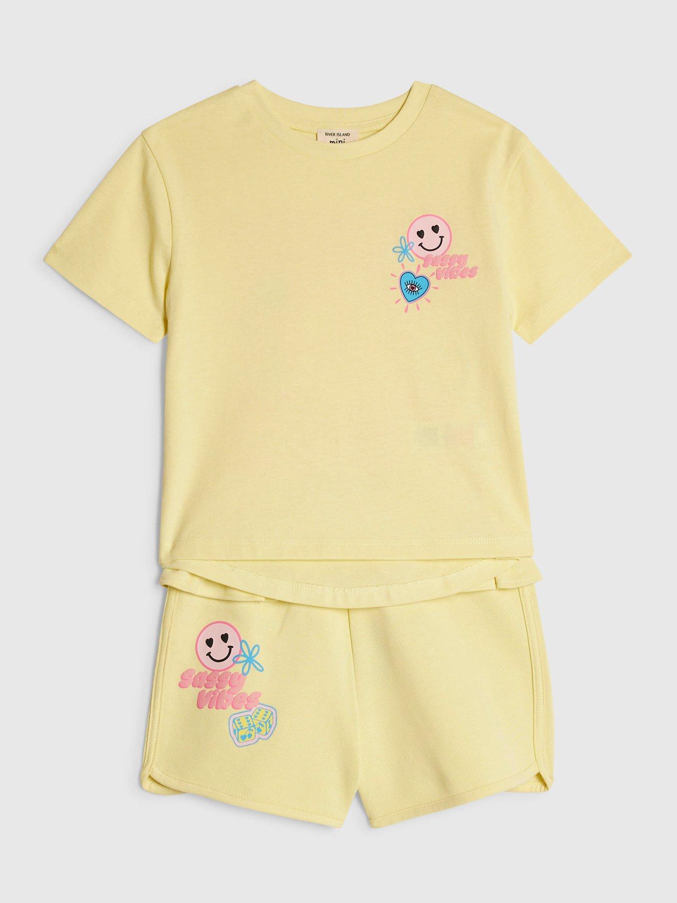 Image 3 of 5 of River Island Mini Girls Sassy Vibes Shorts Set - Yellow