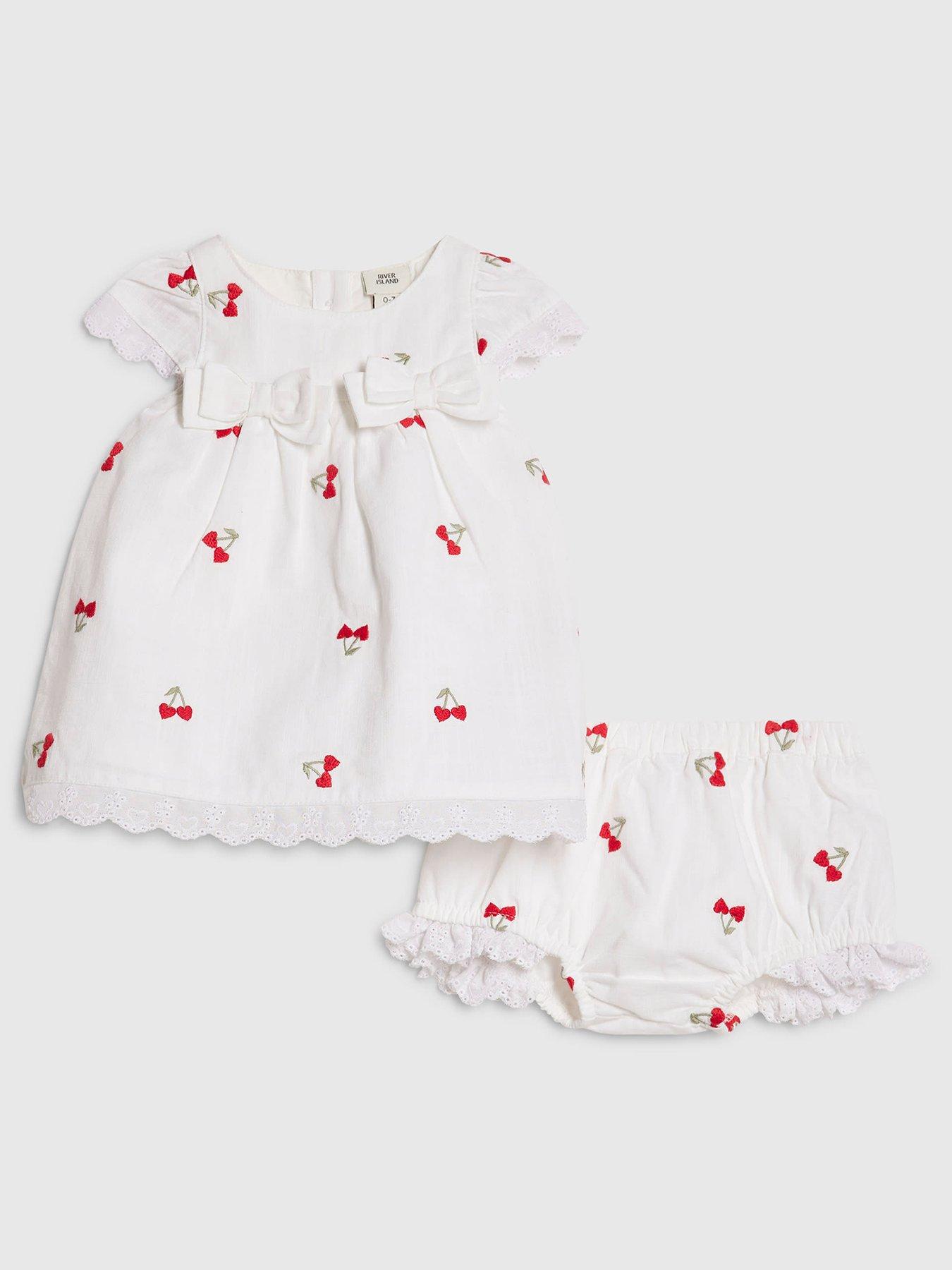 Image 1 of 5 of River Island Baby Girls Heart Cherry Dress Set - White