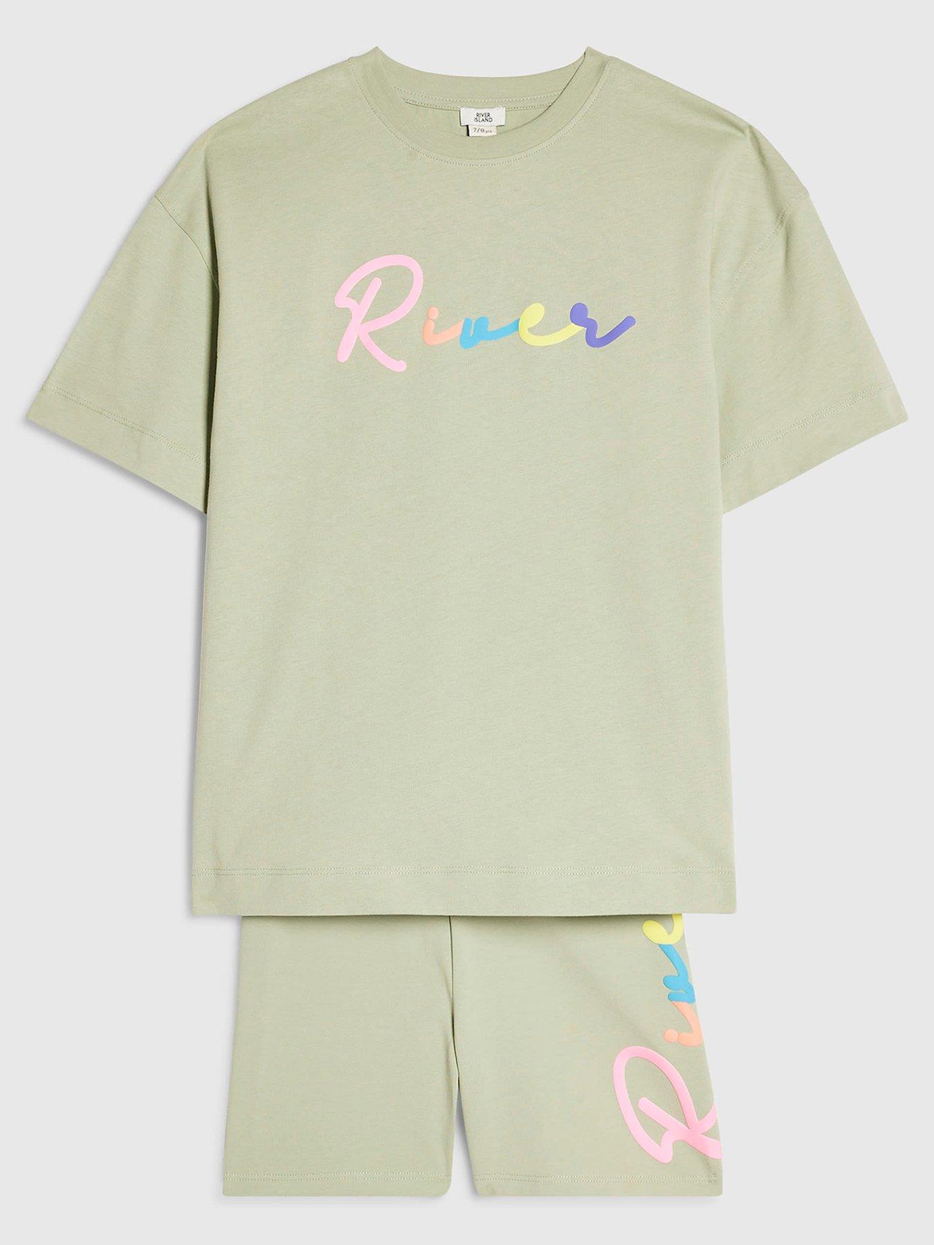 Image 1 of 4 of River Island Older Girls Neon Scripty Text T-Shirt And Shorts Set - Light Khaki