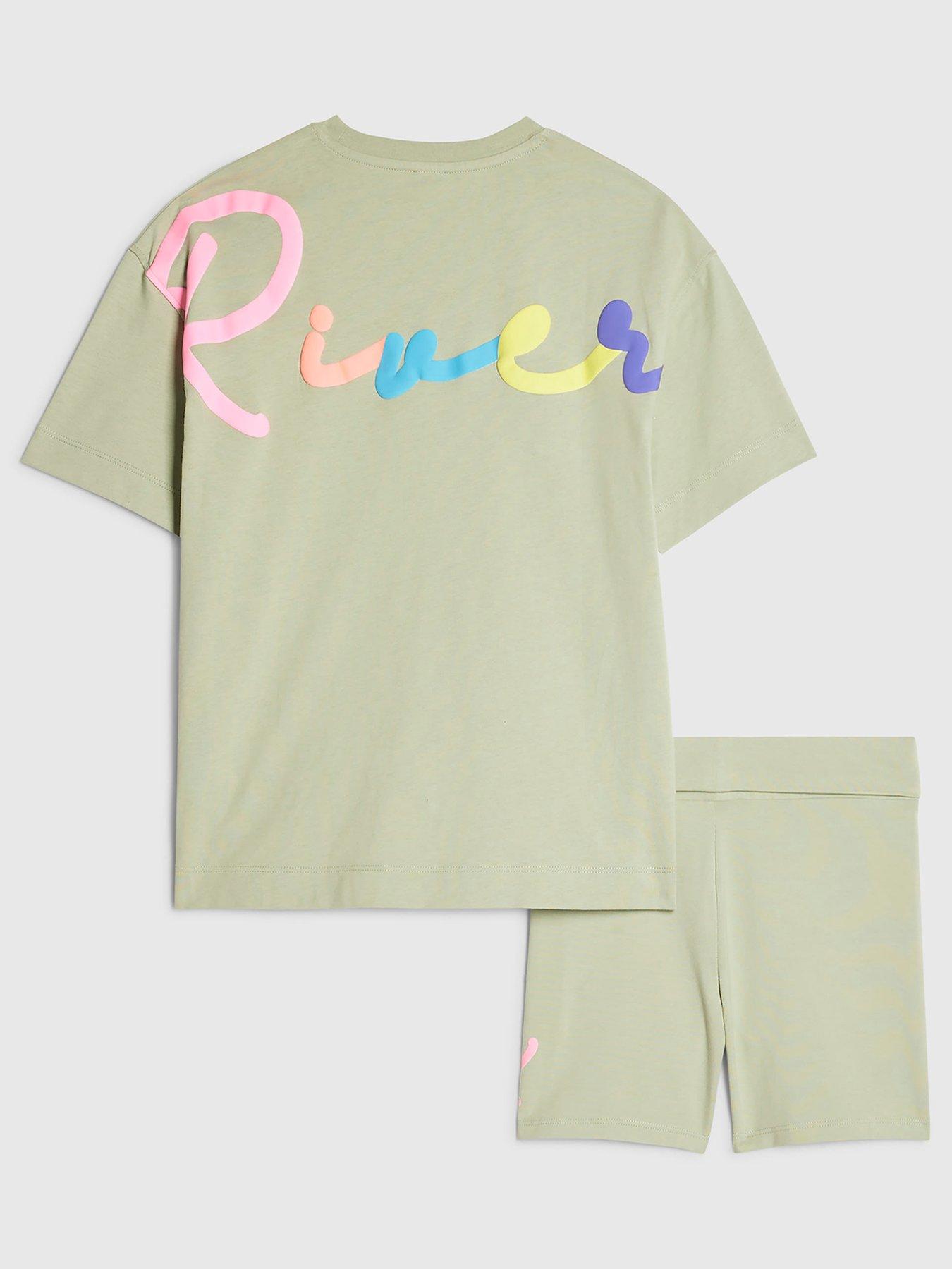 Image 2 of 4 of River Island Older Girls Neon Scripty Text T-Shirt And Shorts Set - Light Khaki
