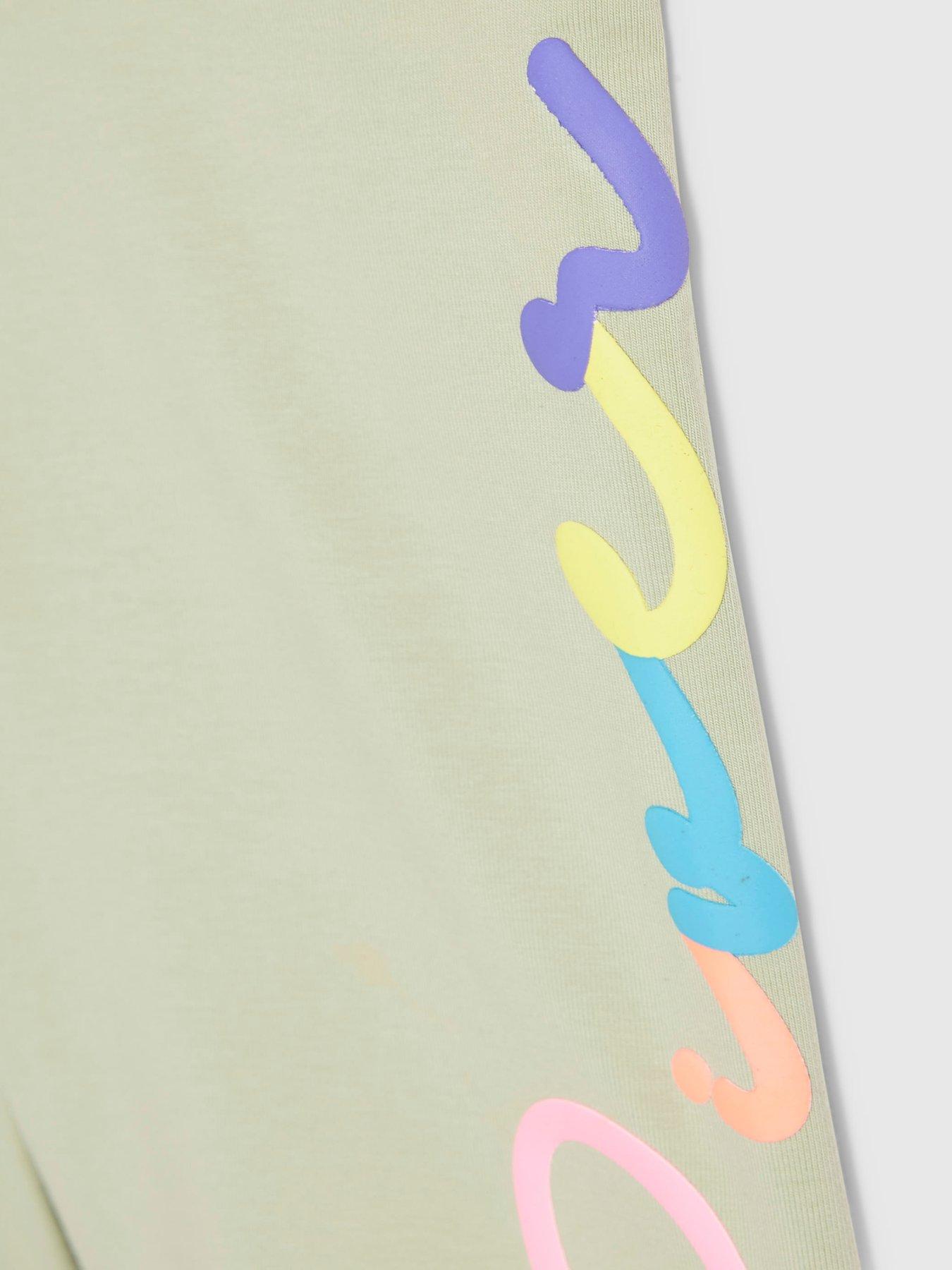 Image 3 of 4 of River Island Older Girls Neon Scripty Text T-Shirt And Shorts Set - Light Khaki