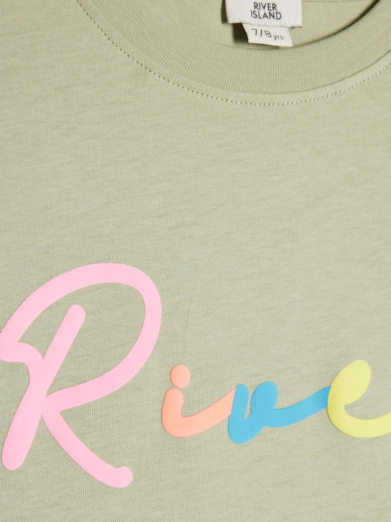 Image 4 of 4 of River Island Older Girls Neon Scripty Text T-Shirt And Shorts Set - Light Khaki