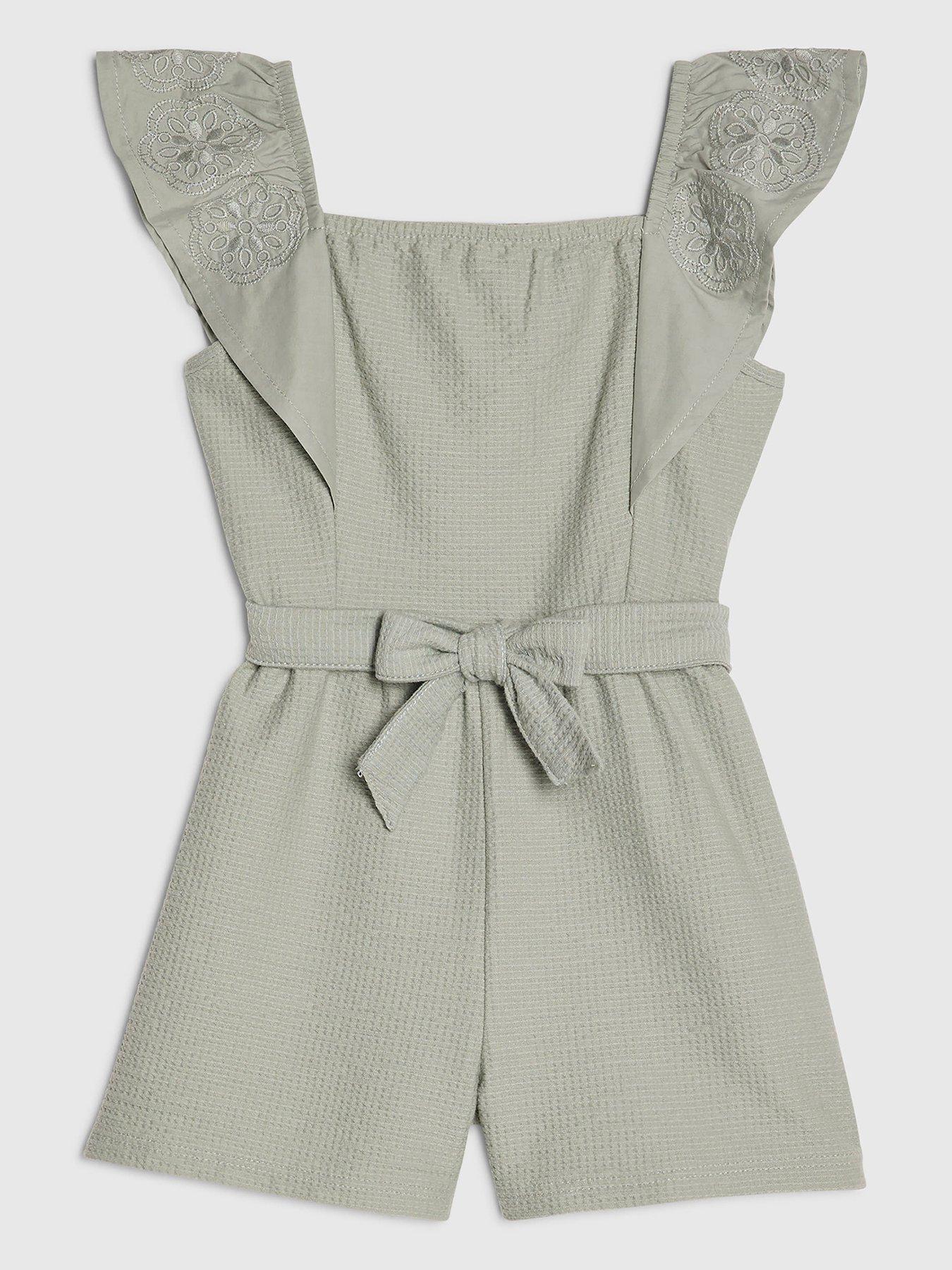 Image 1 of 4 of River Island Mini Girls Embroidered Frill Sleeve Shirred Playsuit - Khaki