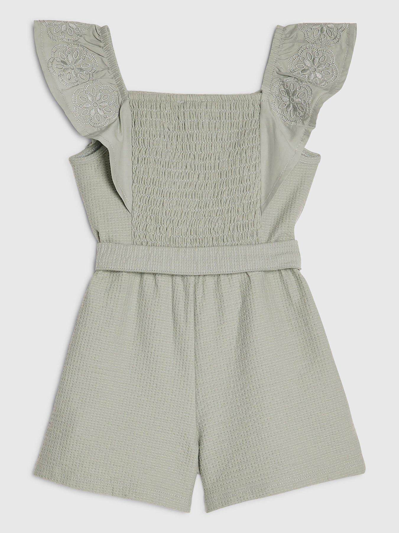 Image 2 of 4 of River Island Mini Girls Embroidered Frill Sleeve Shirred Playsuit - Khaki