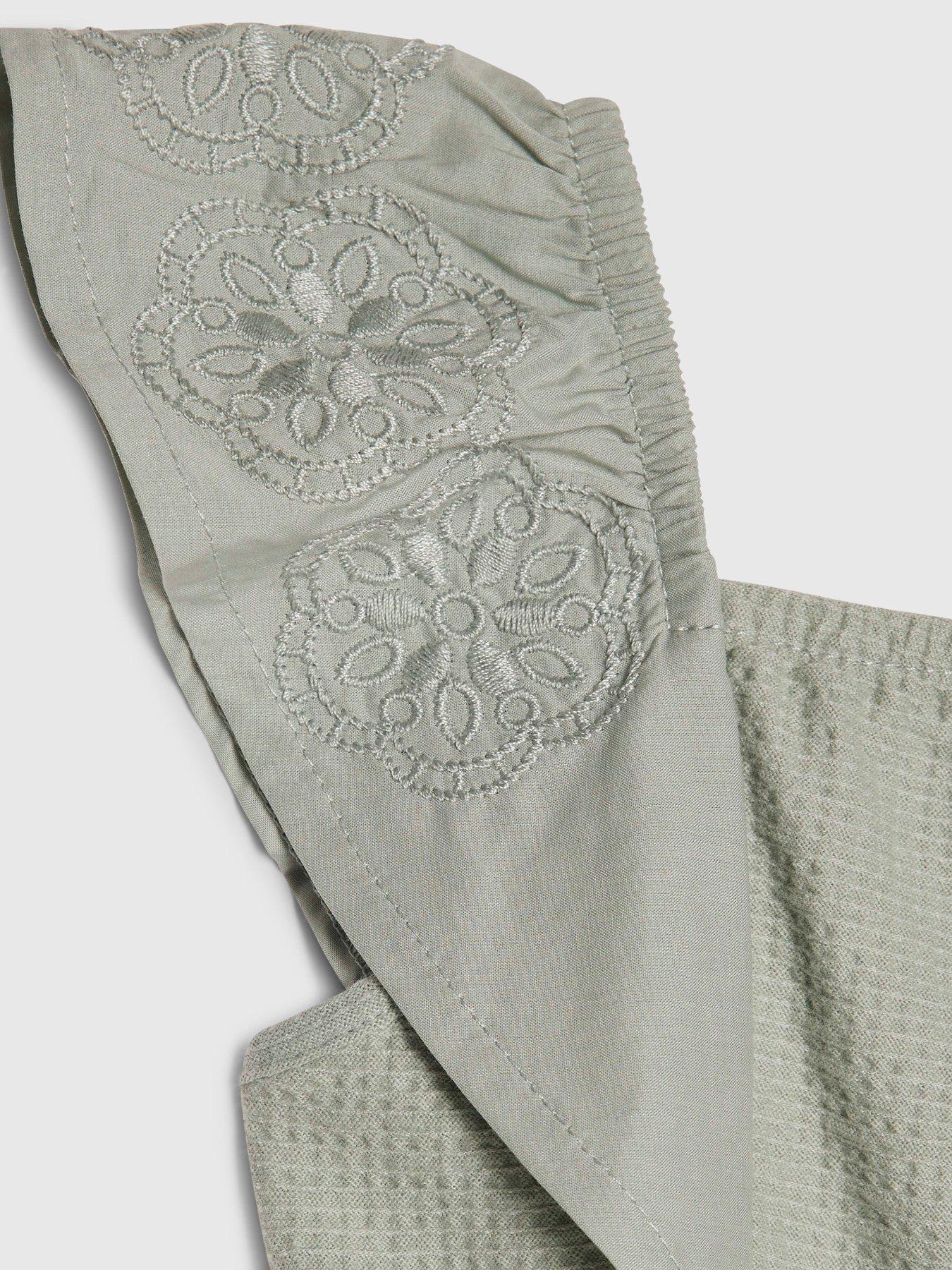 Image 3 of 4 of River Island Mini Girls Embroidered Frill Sleeve Shirred Playsuit - Khaki