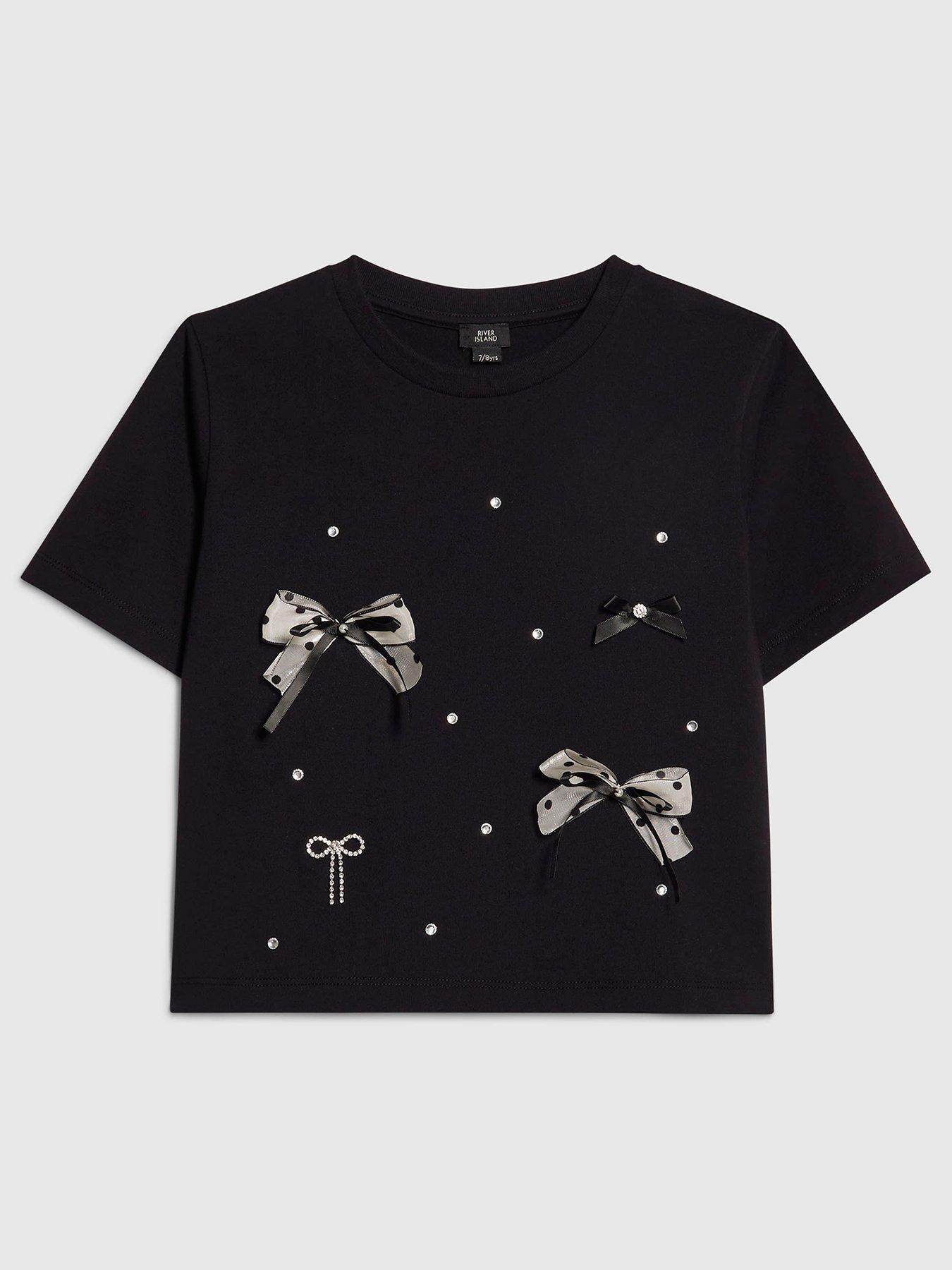 Image 1 of 4 of River Island Older Girls Bow Charm T-Shirt - Black