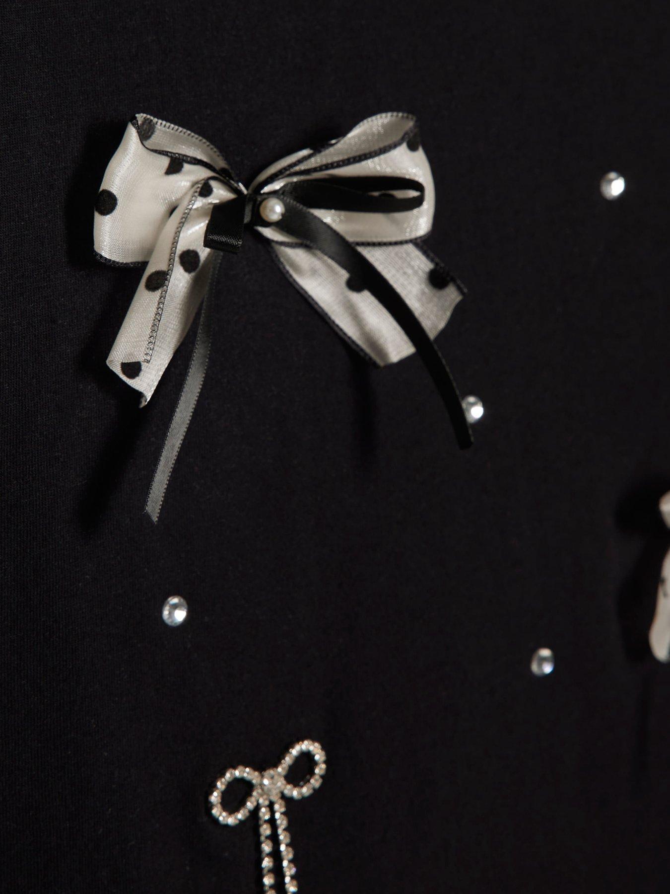 Image 4 of 4 of River Island Older Girls Bow Charm T-Shirt - Black