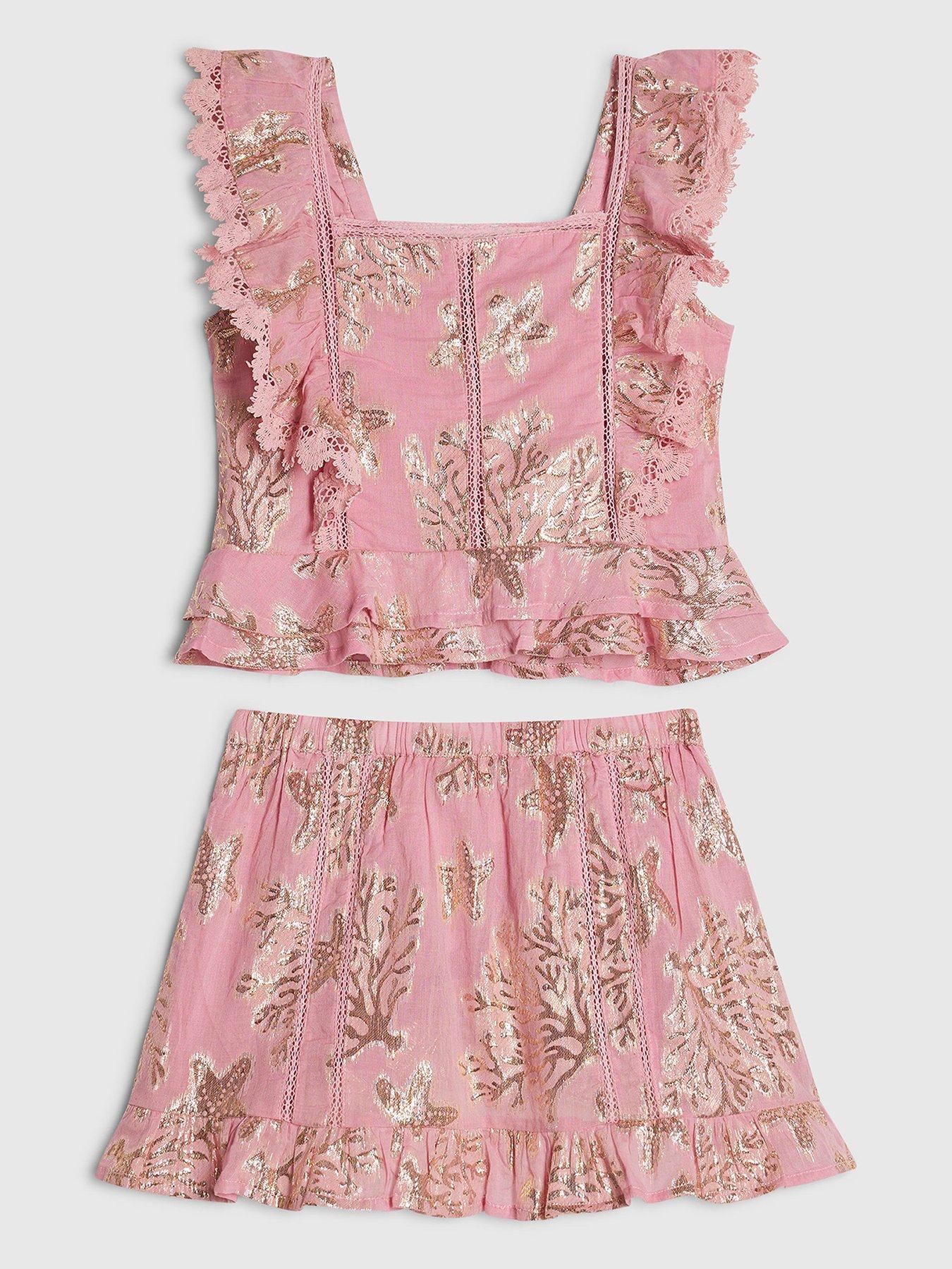 Image 1 of 4 of River Island Older Girls Sea Life Print Top And Skirt Set - Pink