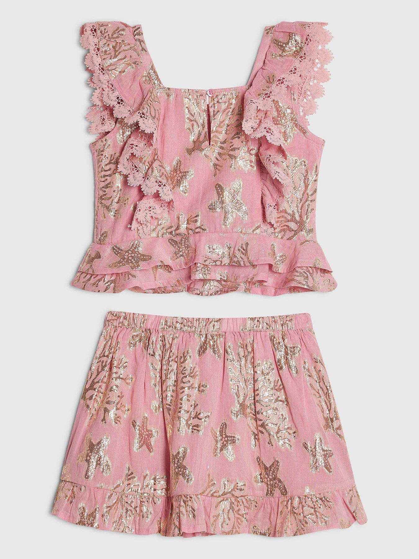Image 2 of 4 of River Island Older Girls Sea Life Print Top And Skirt Set - Pink