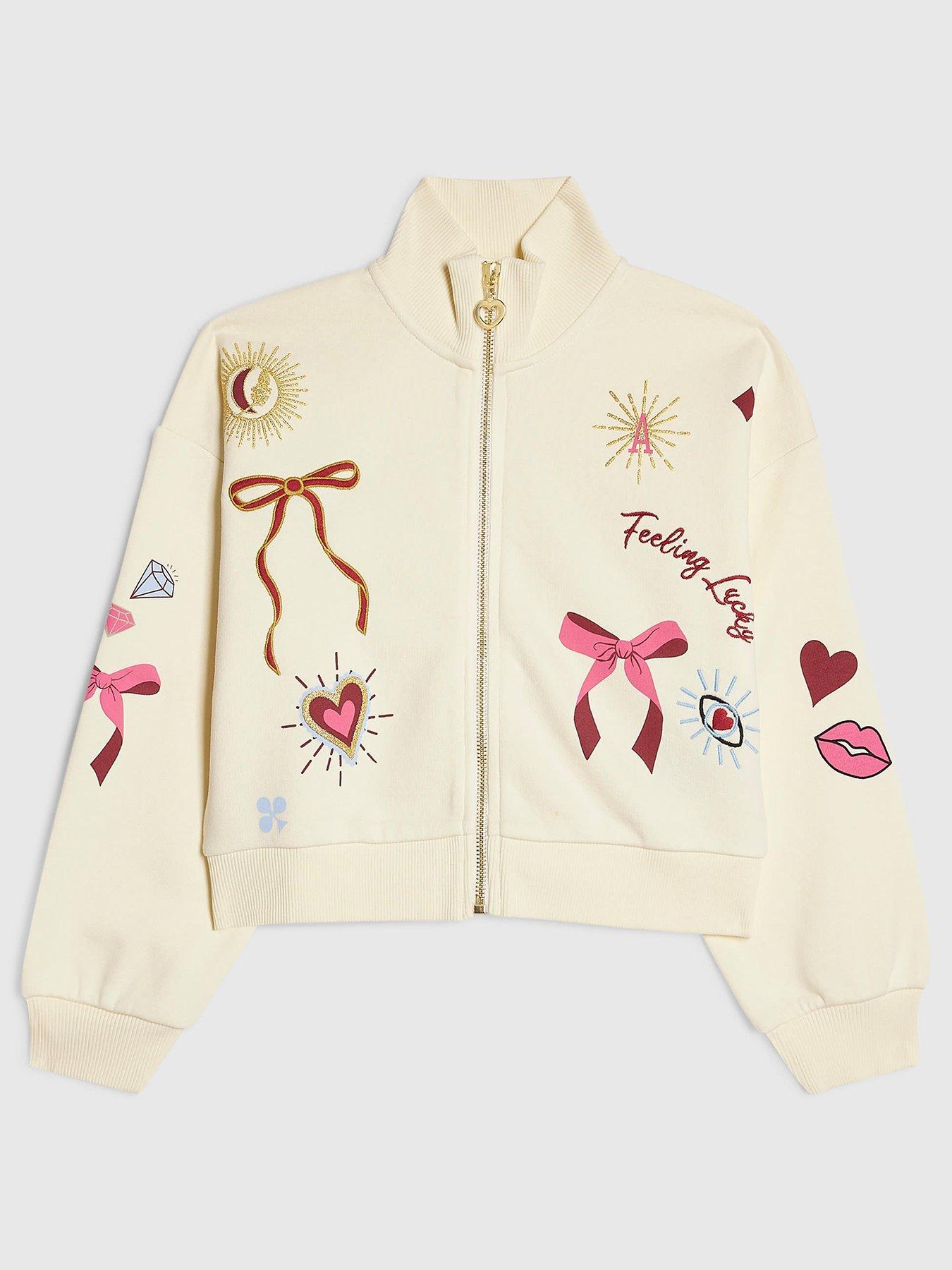 River Island Older Girls Icon Bow Zip Through Sweatshirt - Cream