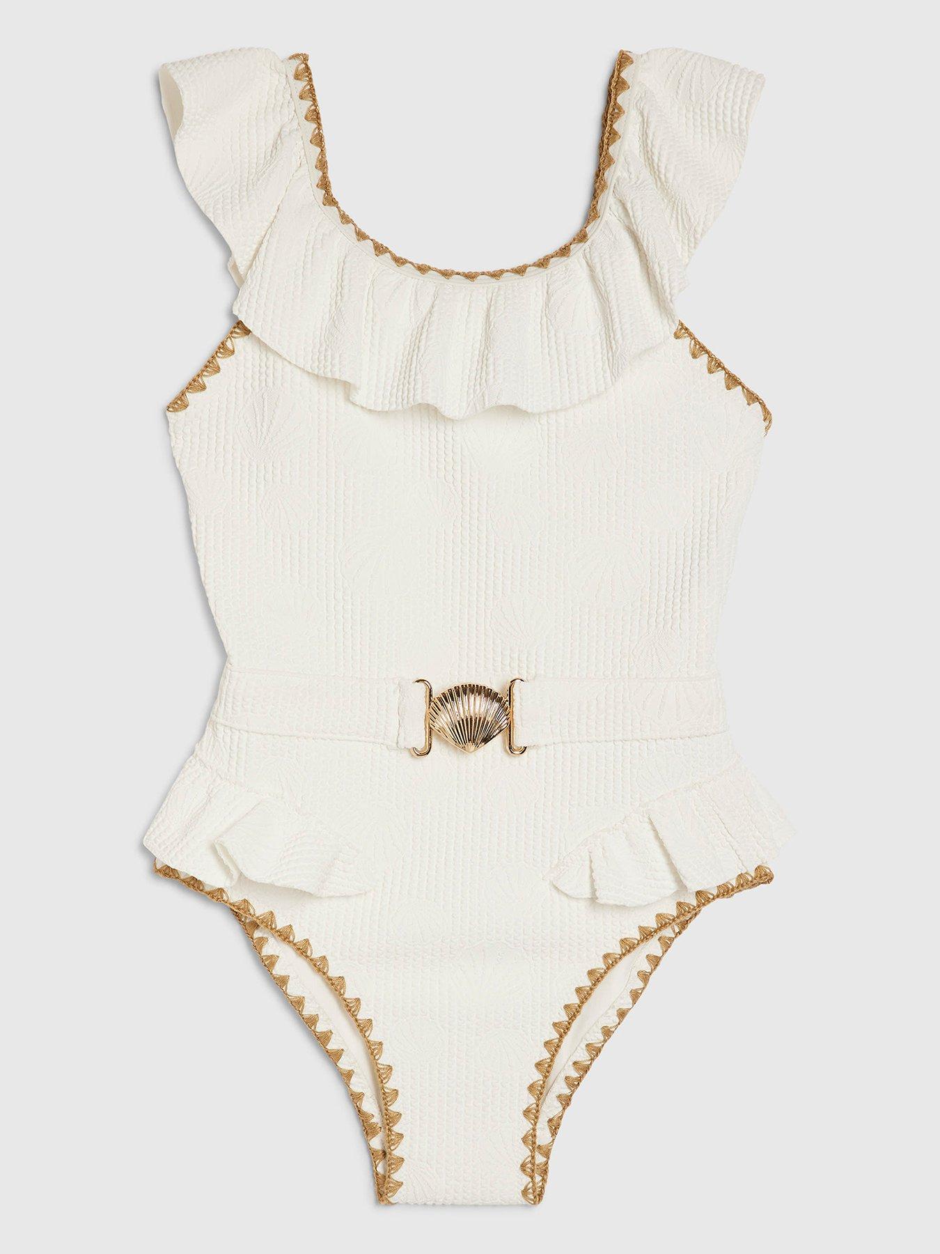 Image 1 of 4 of River Island Older Girls Shell Textured Belt Swimsuit - White