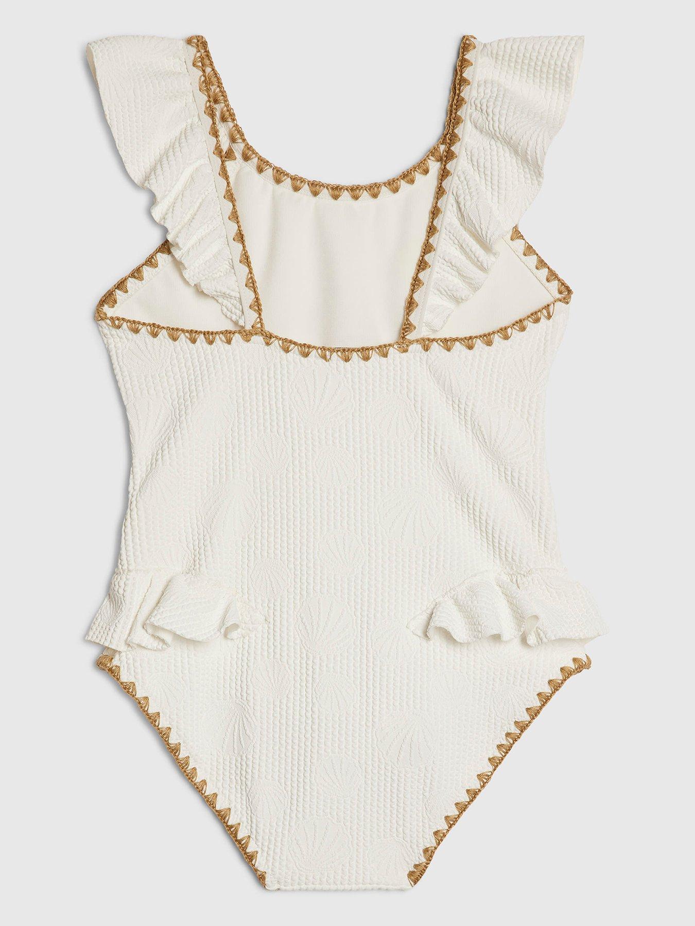 Image 2 of 4 of River Island Older Girls Shell Textured Belt Swimsuit - White