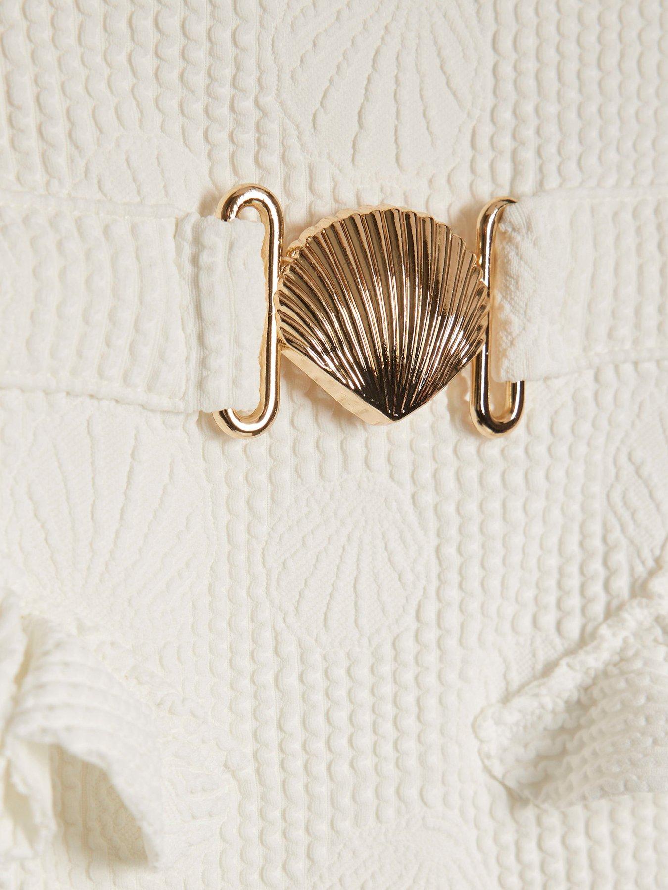 Image 3 of 4 of River Island Older Girls Shell Textured Belt Swimsuit - White