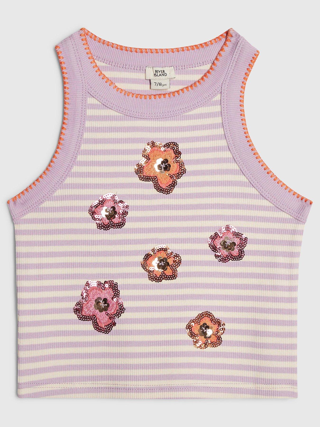 River Island Older Girls Stripe Sequin Floral Tank Top - Purple