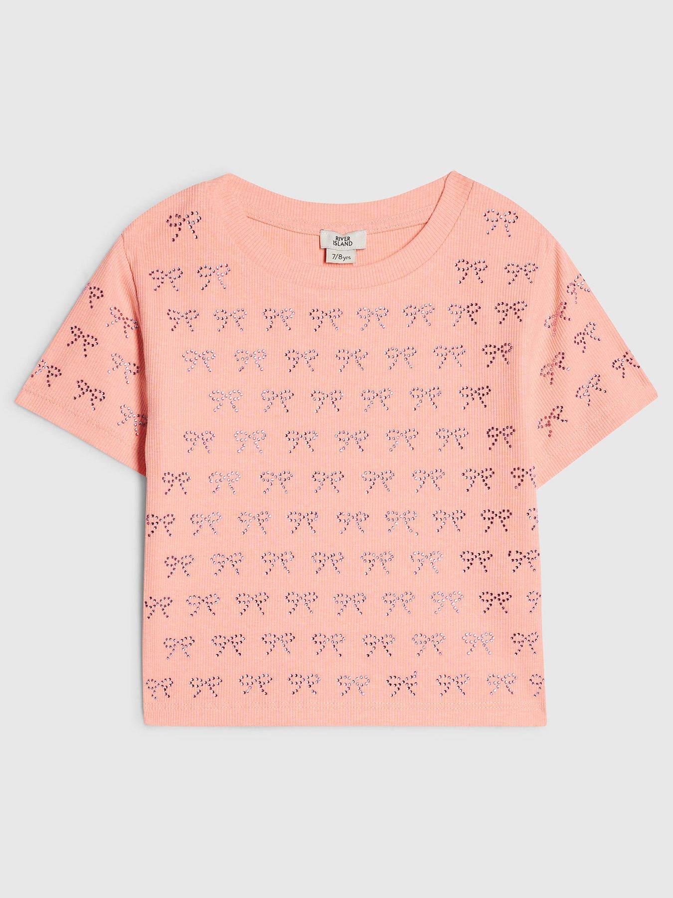 River Island Older Girls Bow Diamante Cropped T-Shirt - Coral