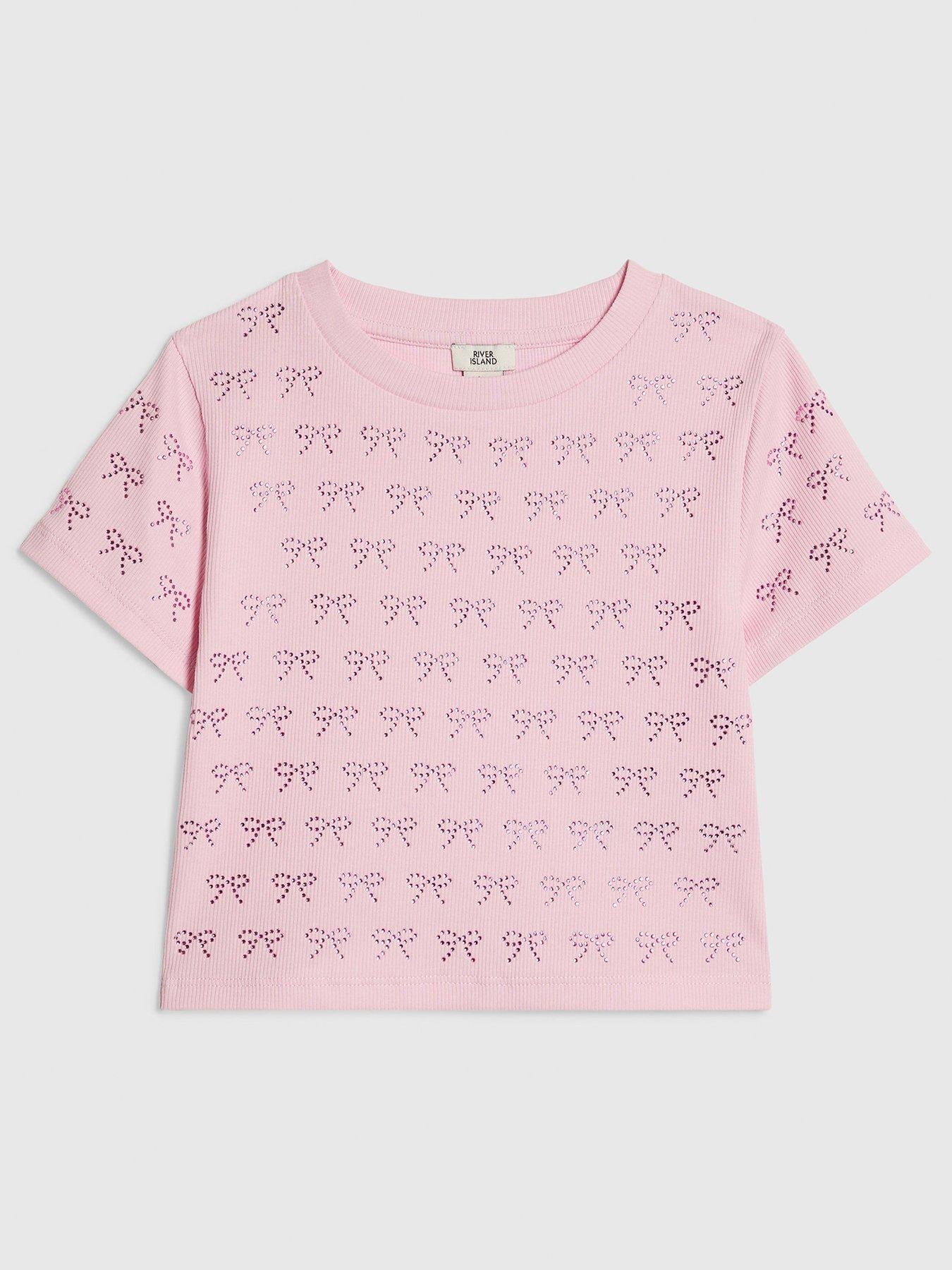 Image 1 of 4 of River Island Older Girls Bow Diamante T-Shirt - Pink
