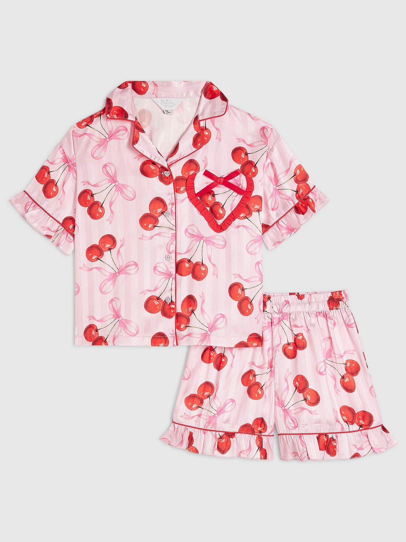 River Island Older Girls Cherry Print Satin Pyjamas - Pink