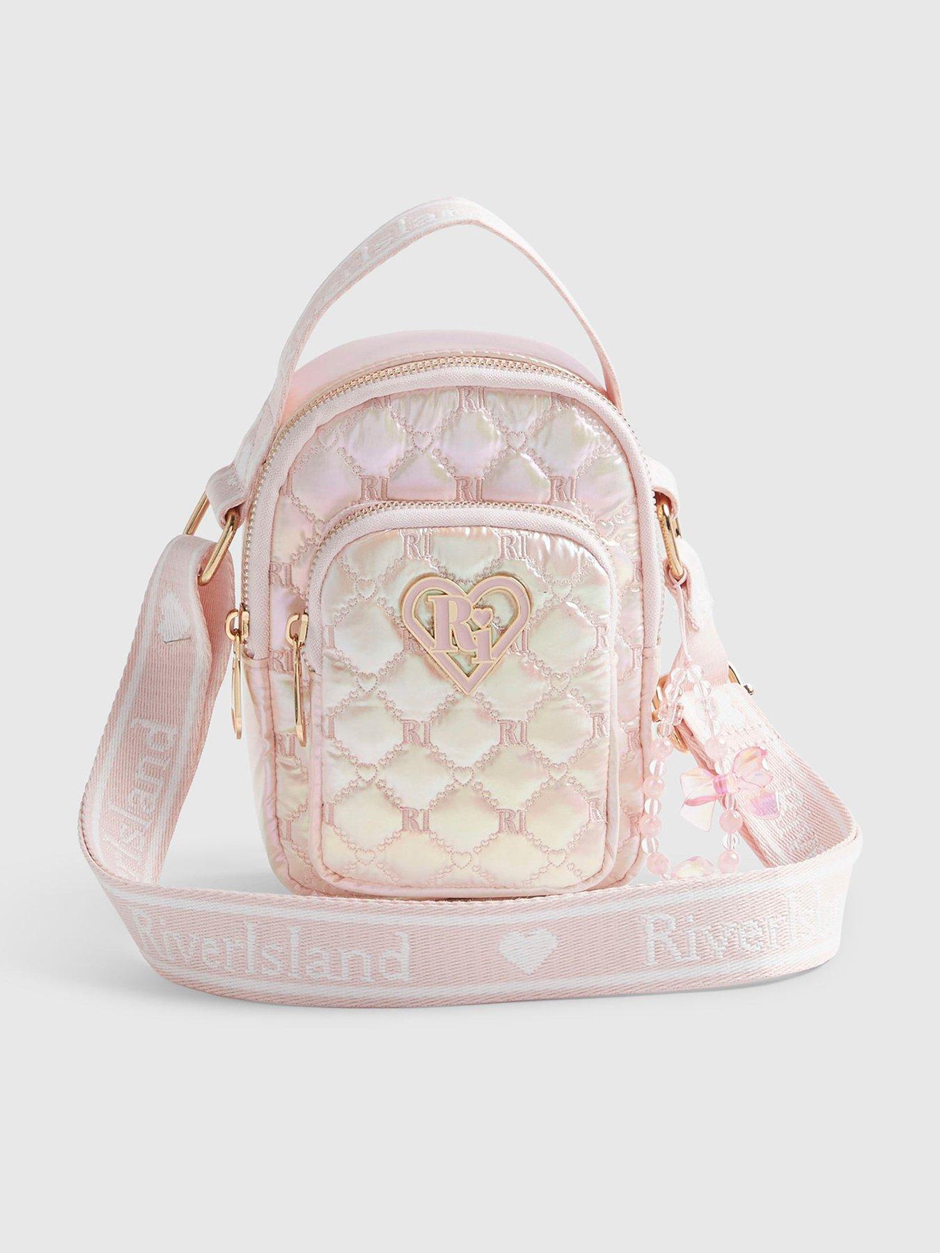 Image 1 of 5 of River Island Older Girls Quilted Heart Cross Body Bag - Pink