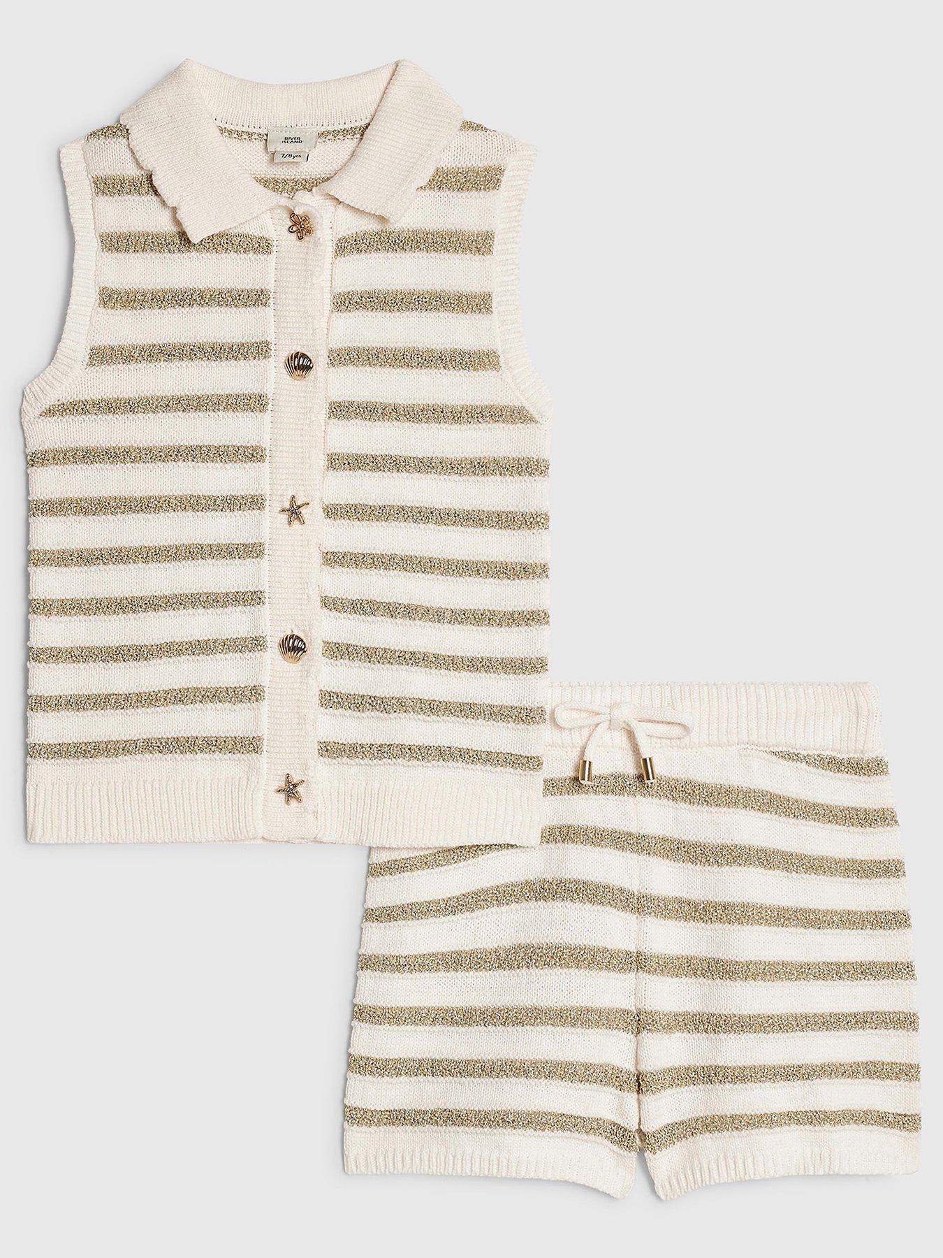 River Island Older Girls Stripe Top And Short Knit Set - Cream