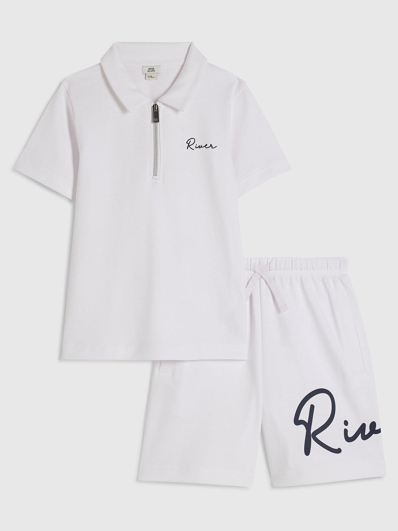 River Island Older Boys Scripty Polo Shirt And Shorts Set - White