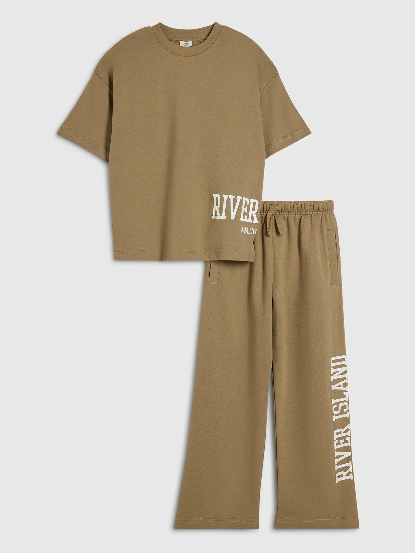 Image 1 of 5 of River Island Boys Ri T-Shirt And Joggers Set - Brown
