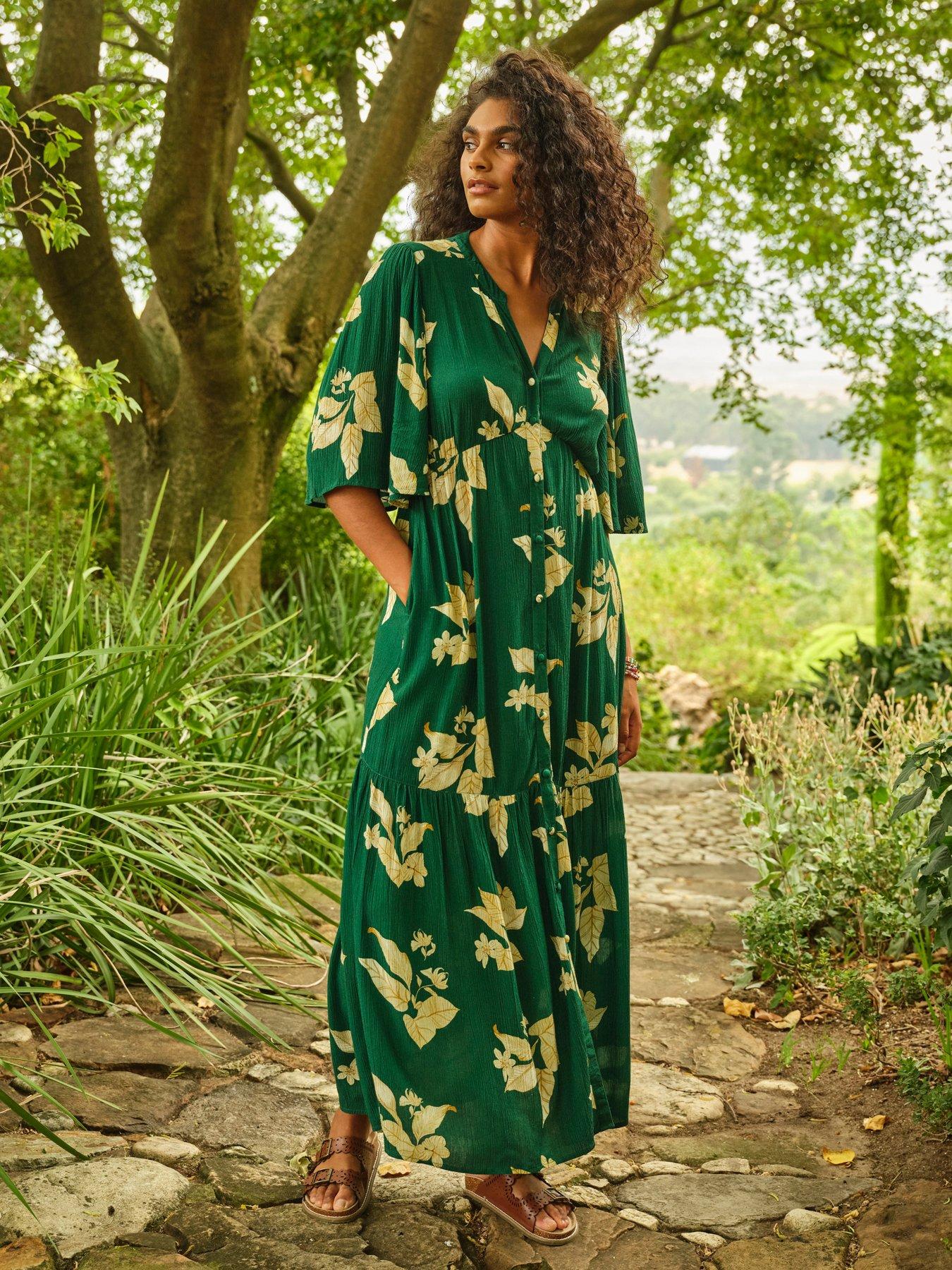 FatFace Paige Floral Midi Dress, Green, Size 8, Women
