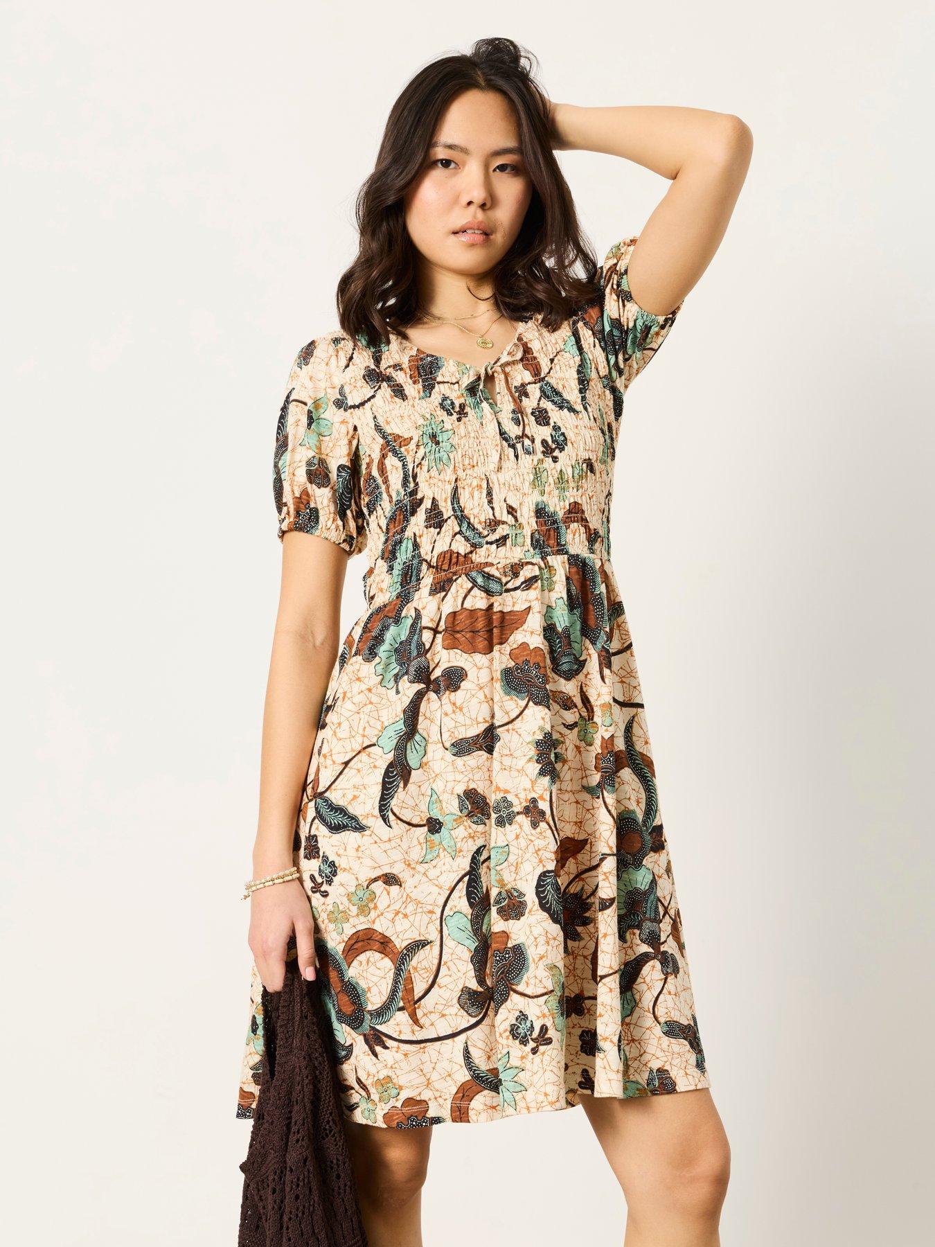 FatFace Nora Batik Jersey Knee Length Dress - Cream | Very