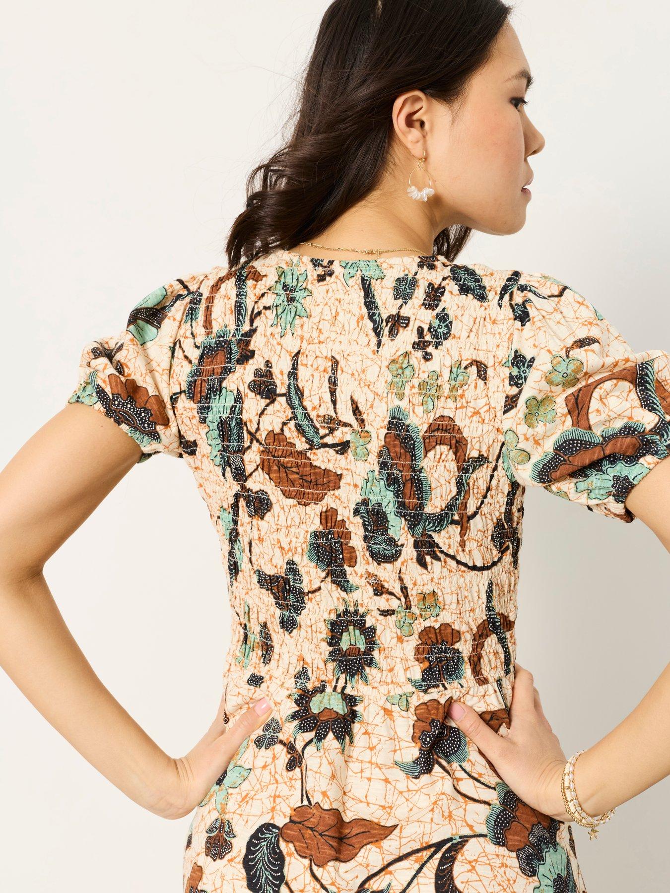 FatFace Nora Batik Jersey Knee Length Dress - Cream | Very