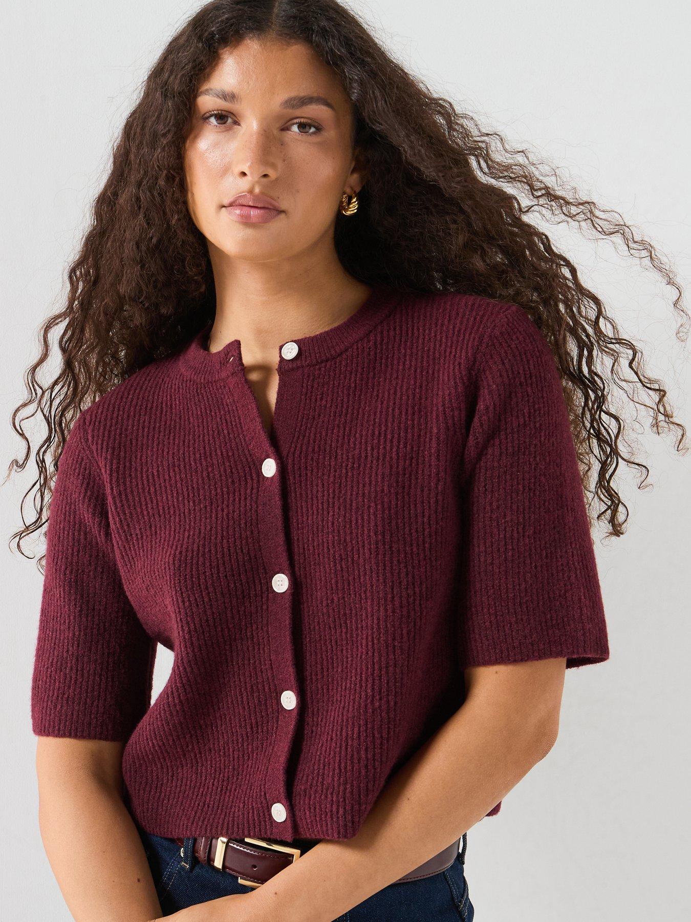 PIECES Round Neck Boxy Short Sleeve Cardigan, Red, Size S, Women