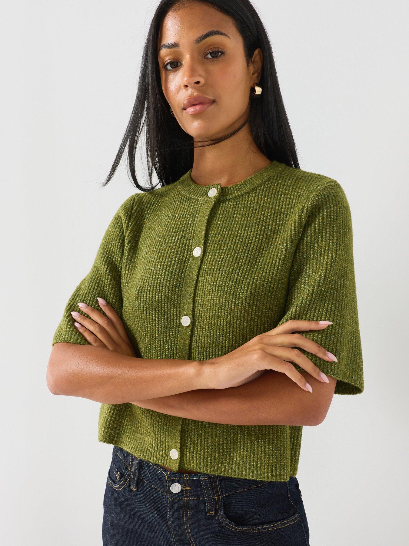 PIECES Silly Short Sleeve Knit Cardigan, Green, Size Xl, Women