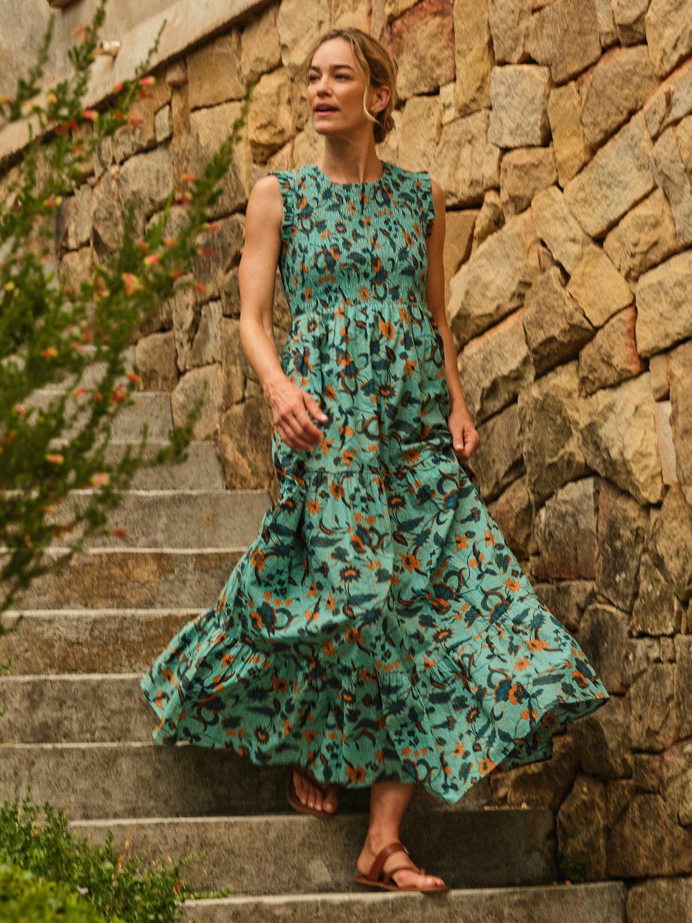 Image 1 of 7 of FatFace Anais Batik Maxi Dress - Blue