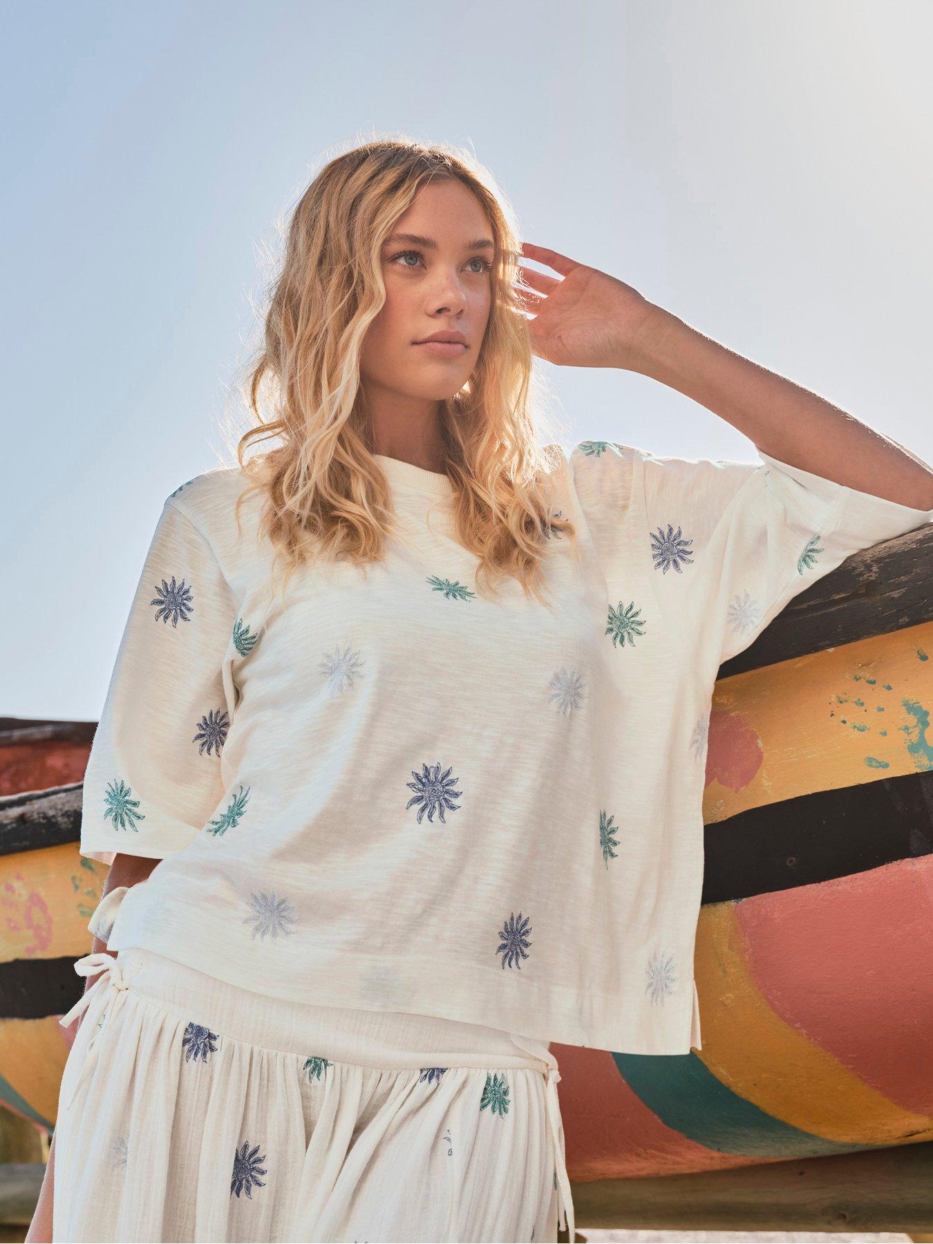 FatFace Kate Sun Tile Embroidered Top, Cream, Size 12, Women
