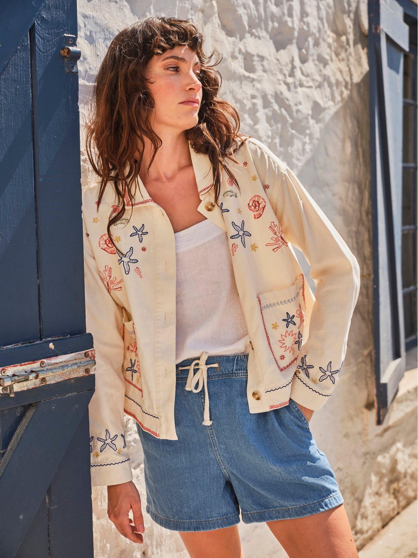 FatFace Shells Embroidered Jacket, Cream, Size 14, Women