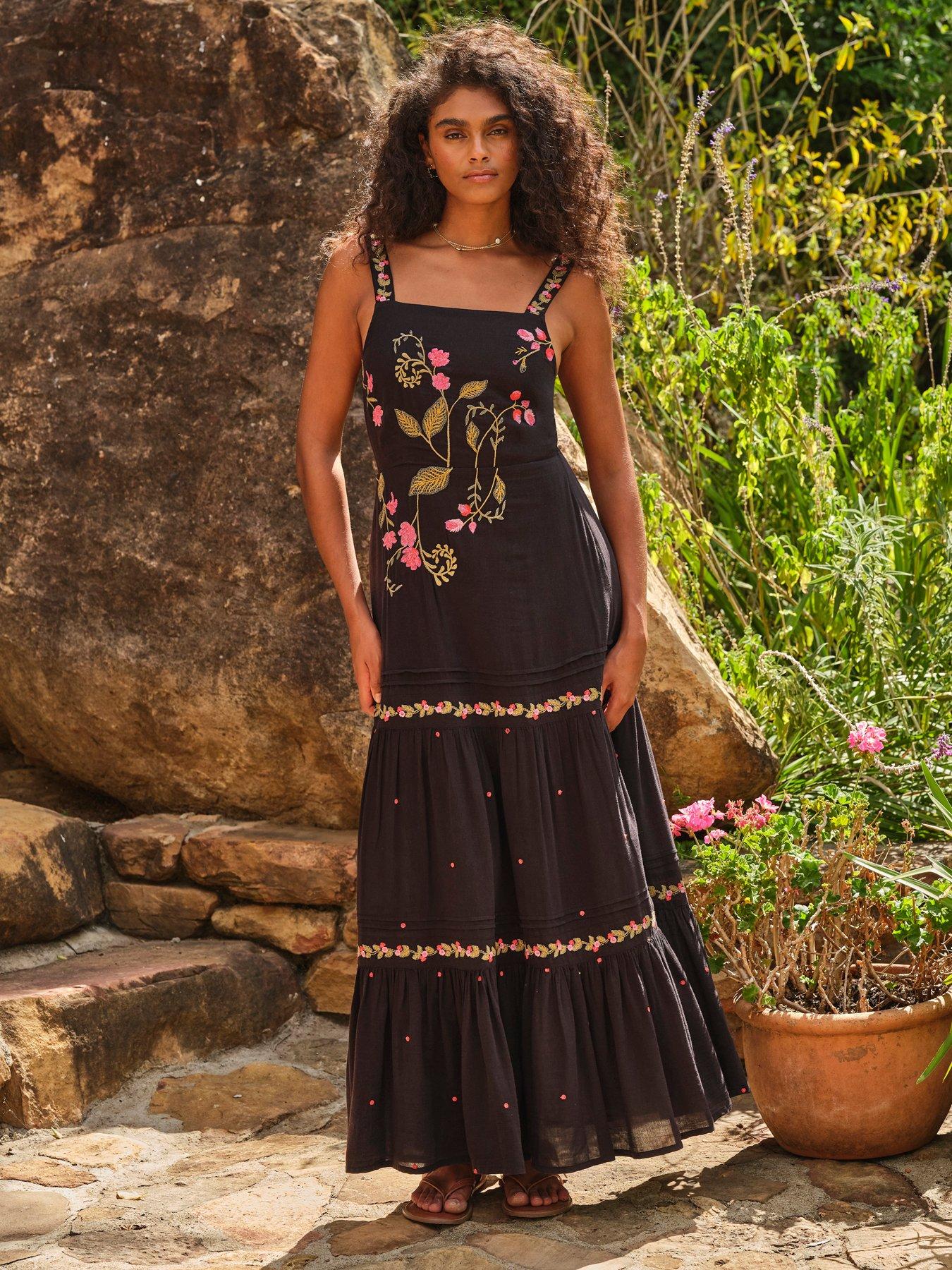 FatFace Gia Embroidered Maxi Dress- Black
