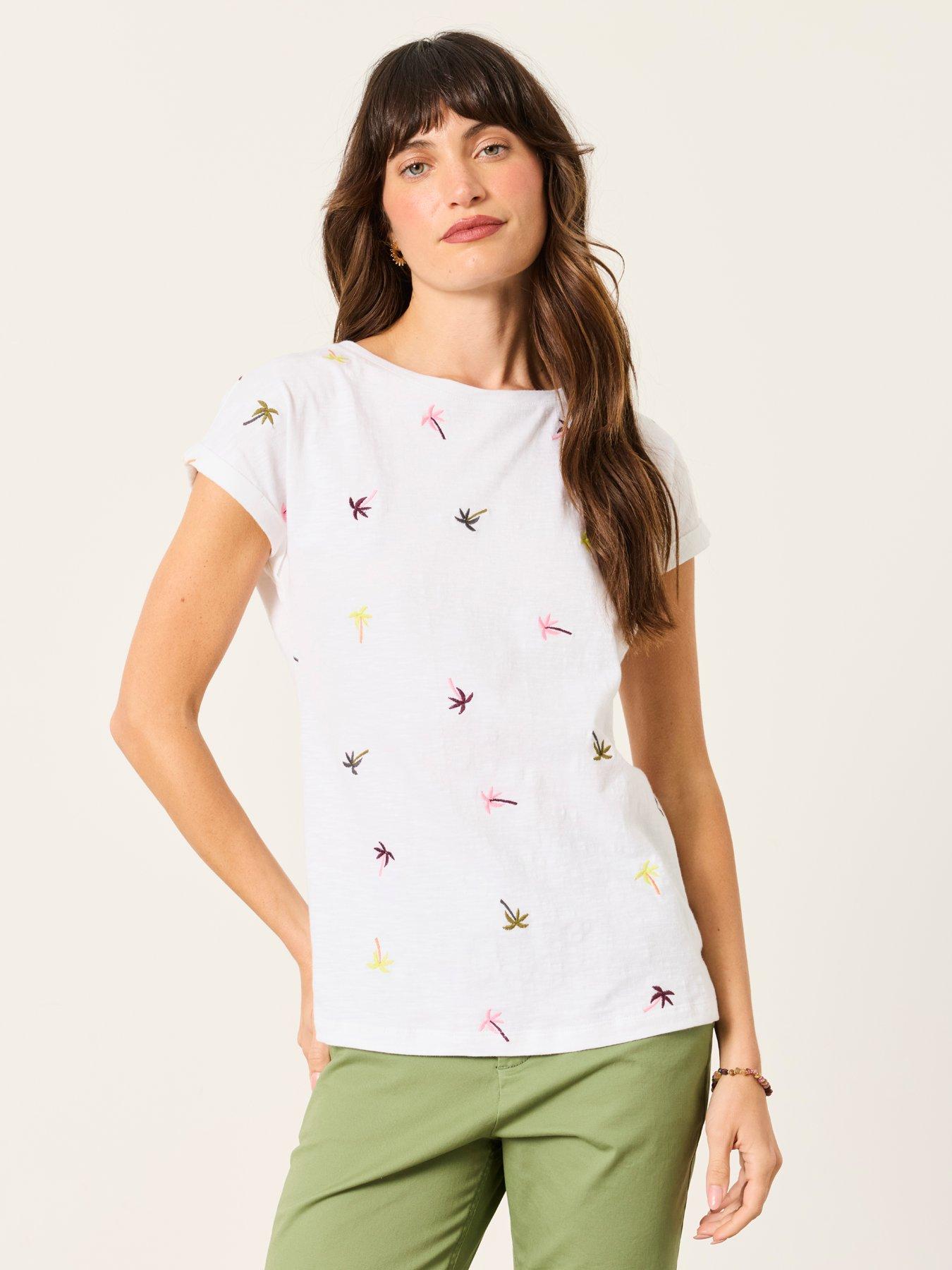 FatFace Embroidered Palm Tree T-Shirt, White, Size 14, Women