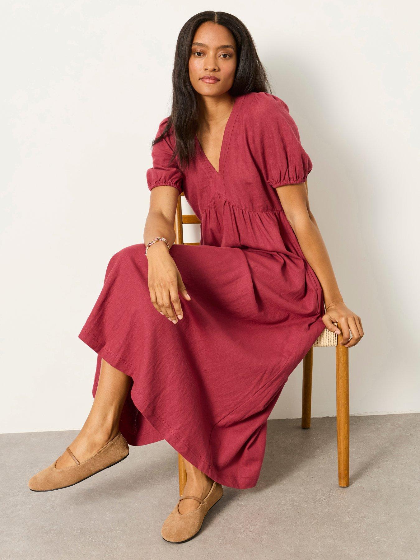 FatFace Remi Linen Midi Dress - Burgundy | Very