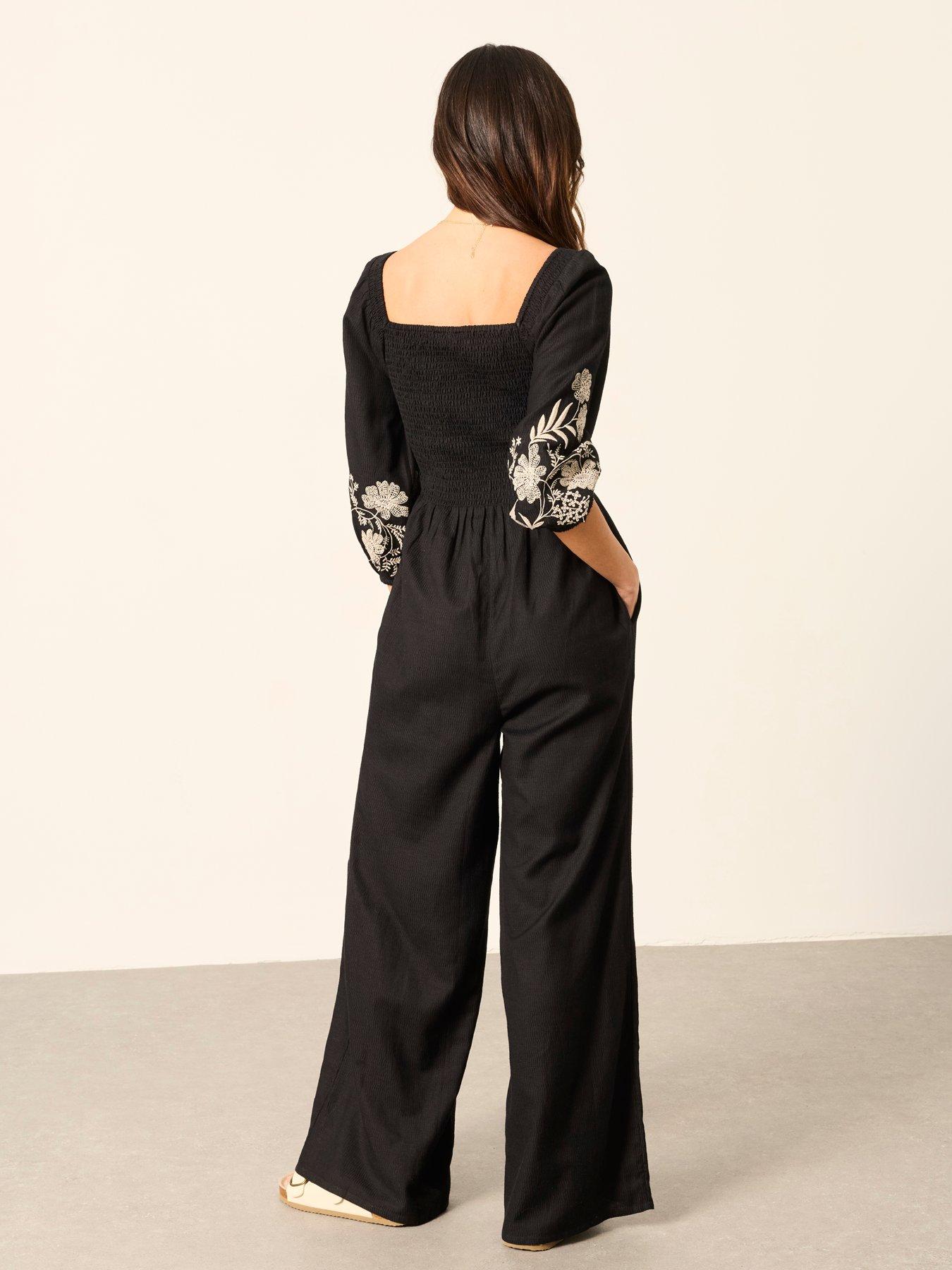 Image 2 of 5 of FatFace Adele Embroidered Jumpsuit - Black